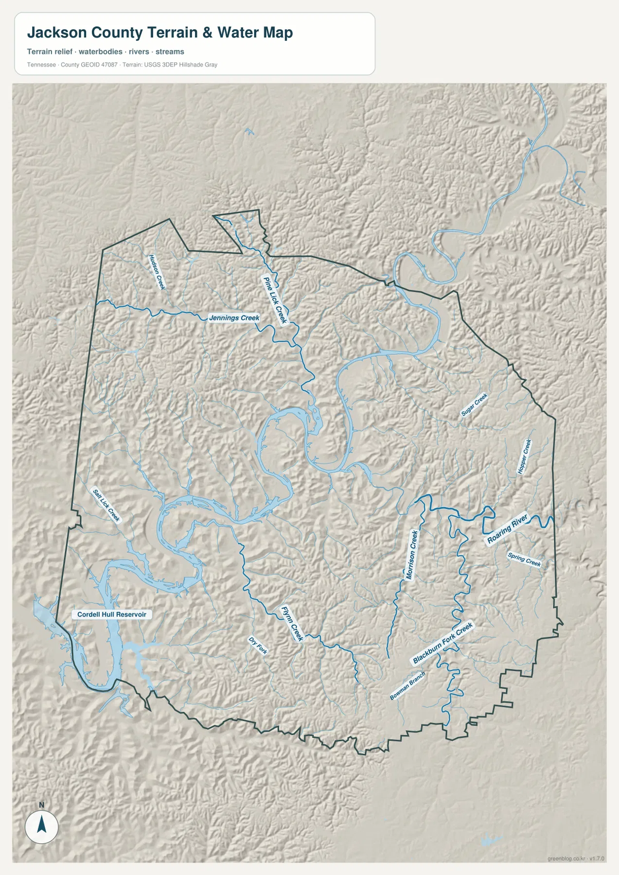 Jackson County Tennessee water map with Cumberland River, Cordell Hull Reservoir, Jennings Creek, Roaring River and tributaries