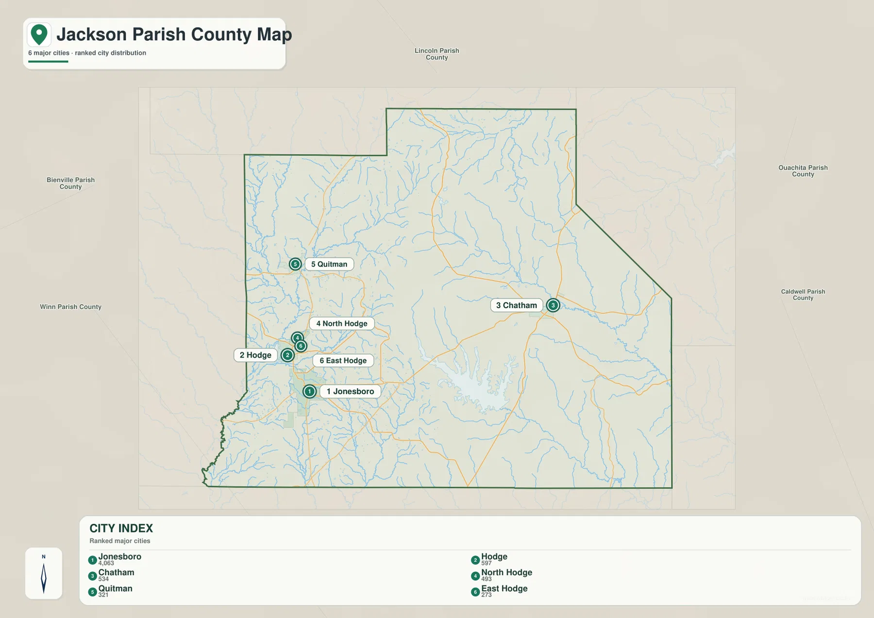 Jackson Parish city map with Jonesboro, Hodge, Chatham, North Hodge, Quitman, and East Hodge