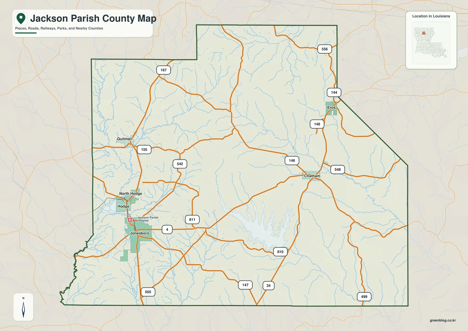 Jackson Parish map showing Jonesboro, Hodge, Quitman, Chatham, Eros, U.S. 167, LA 4, and other major roads