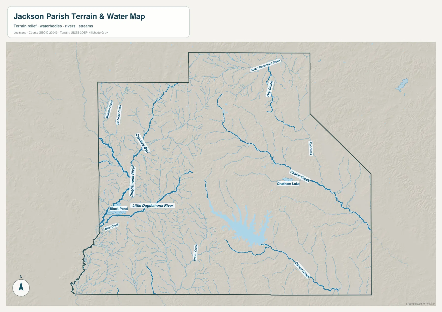 Jackson Parish terrain and water map showing Caney Lake, Dugdemona River, Little Dugdemona River, Castor Creek, Chatham Lake, and nearby creeks