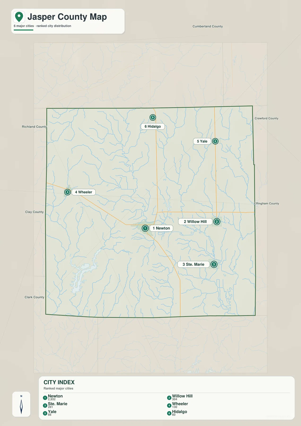 Jasper County 도시 순위 지도에 표시된 Newton, Willow Hill, Ste. Marie, Wheeler, Yale, Hidalgo