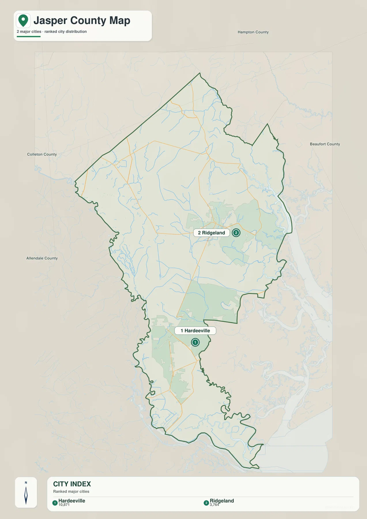 Jasper County city map showing the ranked positions of Hardeeville and Ridgeland