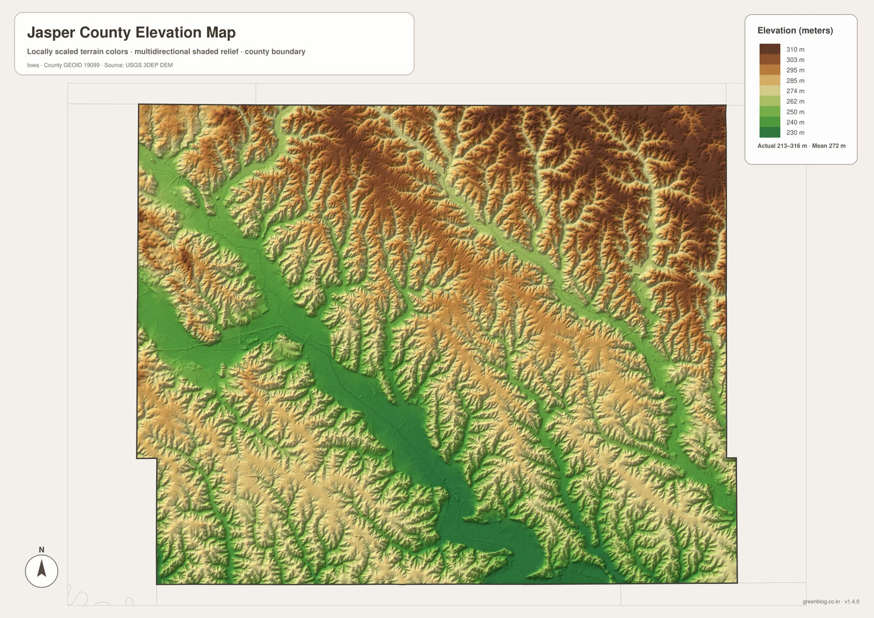 Jasper County Iowa elevation map 213 316 meters Skunk River valleys northeastern ridges