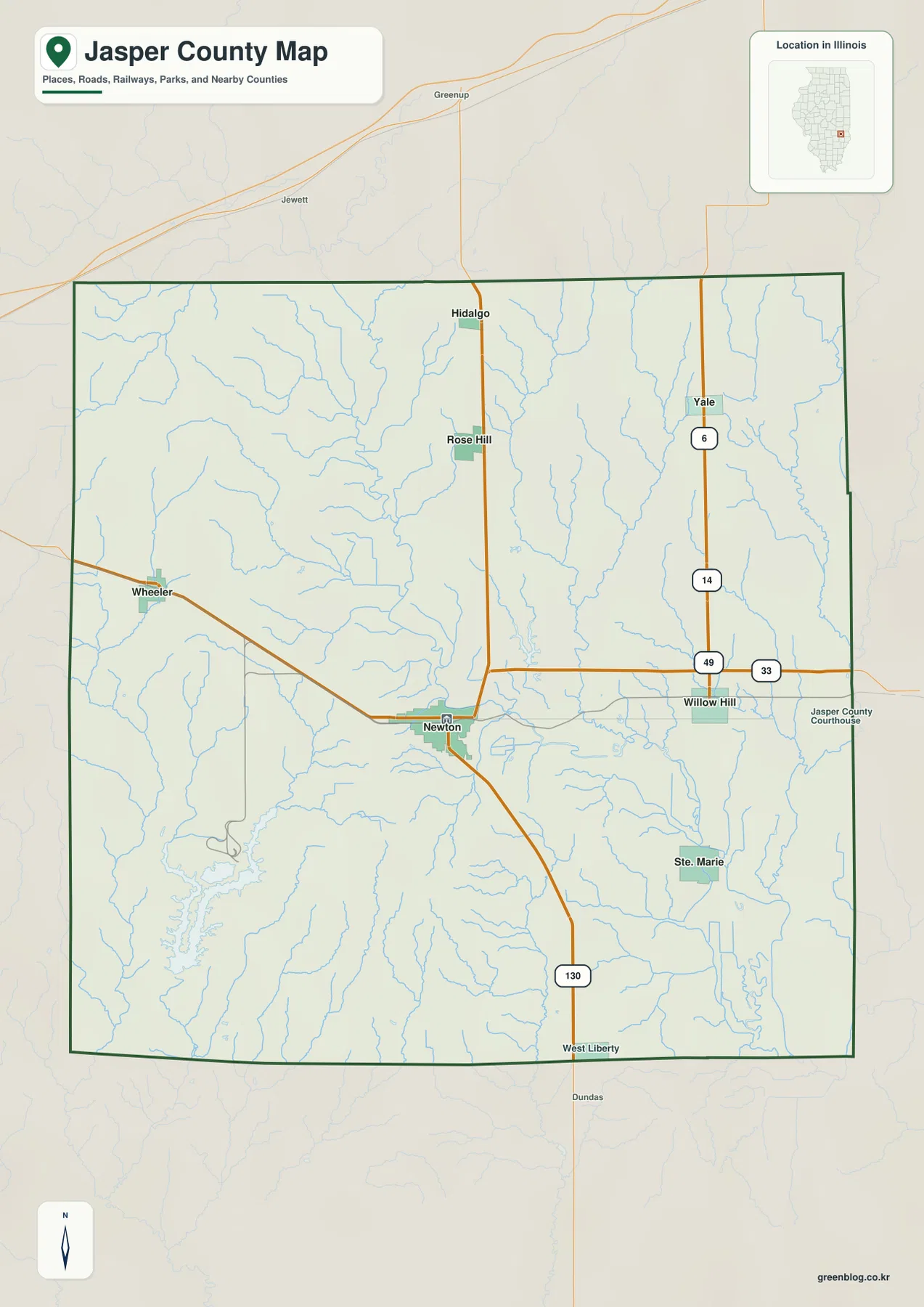 일리노이주 재스퍼 카운티 지도에 표시된 Newton, Hidalgo, Willow Hill, Ste. Marie와 Route 130, Route 33