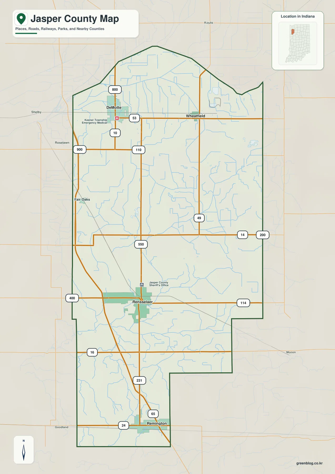 인디애나주 Jasper County 일반 지도에 Rensselaer, DeMotte, Wheatfield, Remington과 I-65, U.S. 231이 표시된 모습