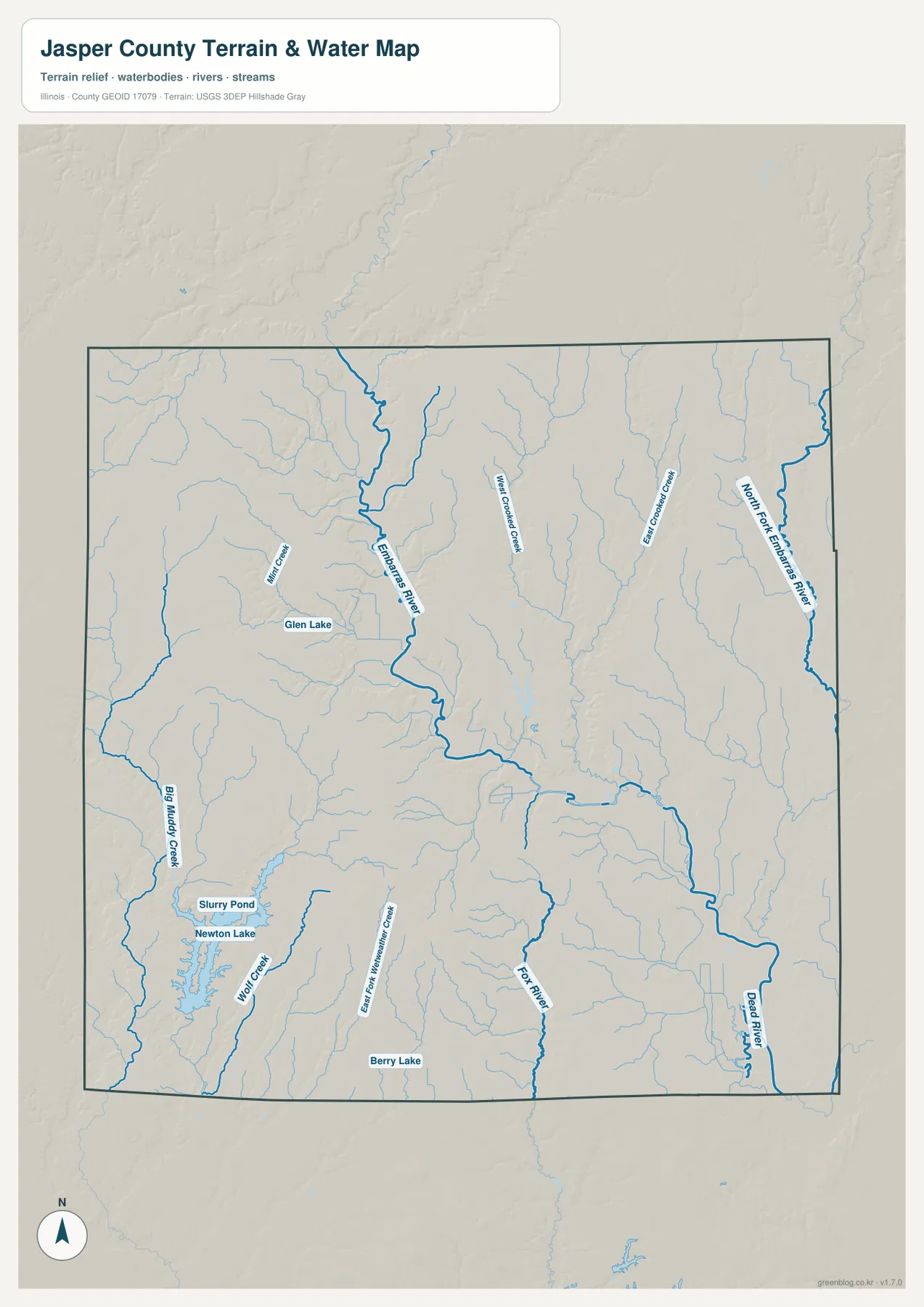 Jasper County 수역 지도에 표시된 Embarras River, North Fork Embarras River, Newton Lake, Glen Lake와 주요 지류