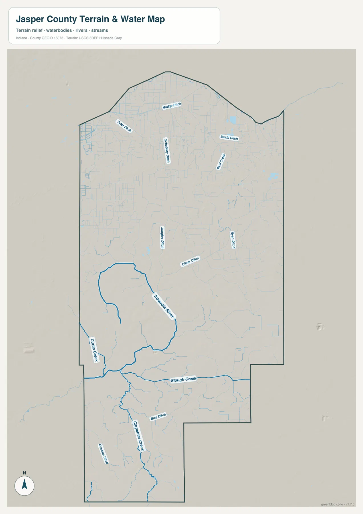 Jasper County 수역·지형 지도에 Iroquois River, Slough Creek, Carpenter Creek, Curtis Creek, Wolf Creek와 여러 ditch가 표시된 모습