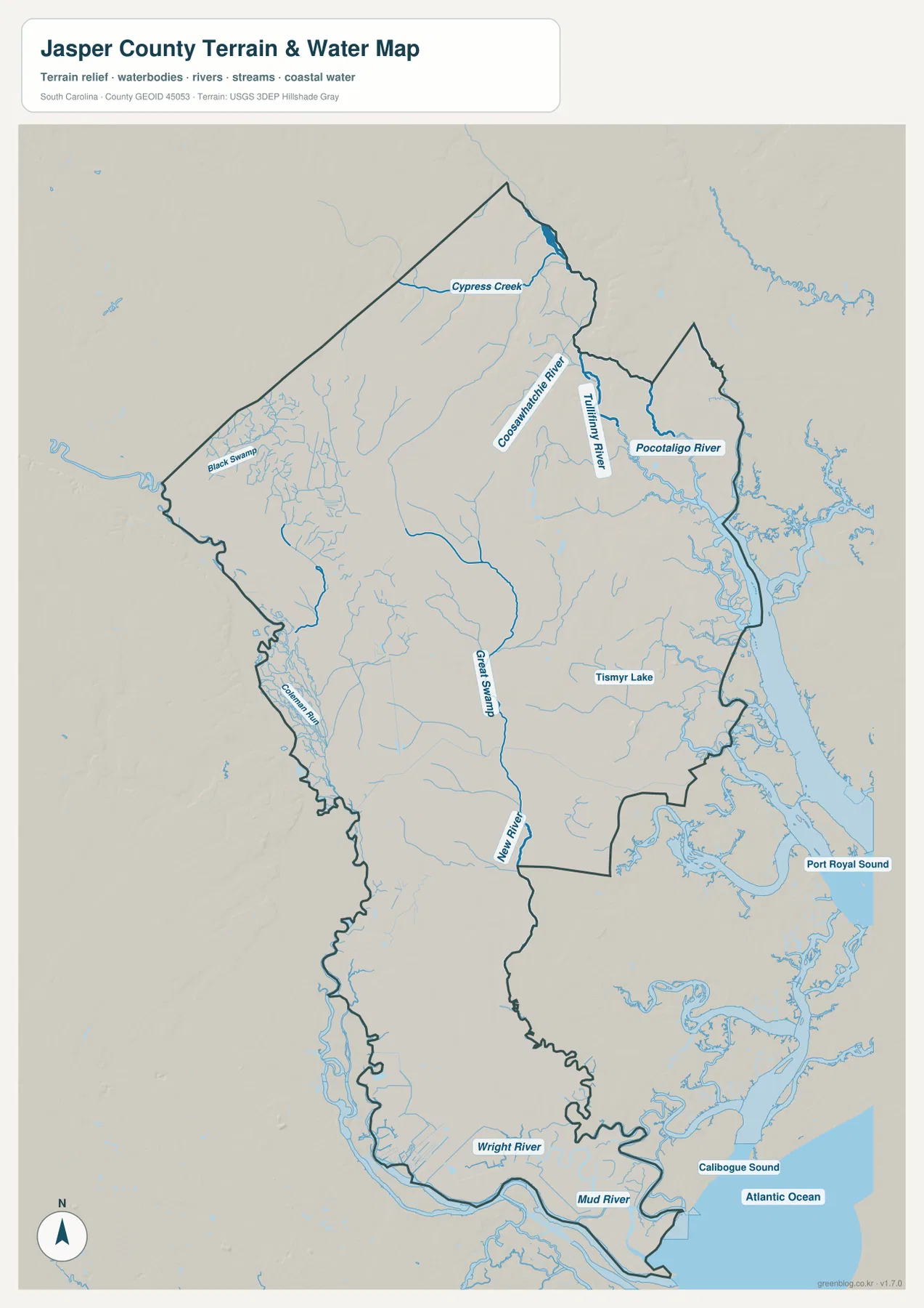 Jasper County terrain and water map with the Coosawhatchie River, Pocotaligo River, Wright River, and coastal sounds