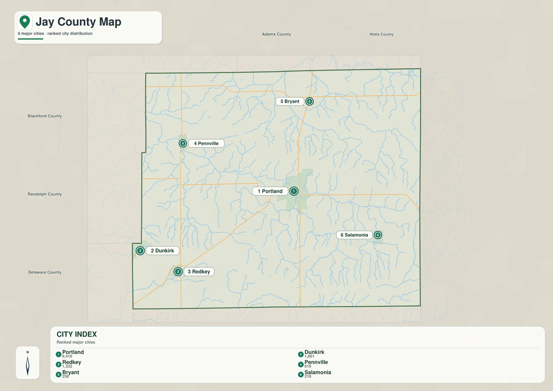 Jay County 도시 인덱스 지도에 Portland, Dunkirk, Redkey, Pennville, Bryant, Salamonia가 순위와 함께 표시된 모습