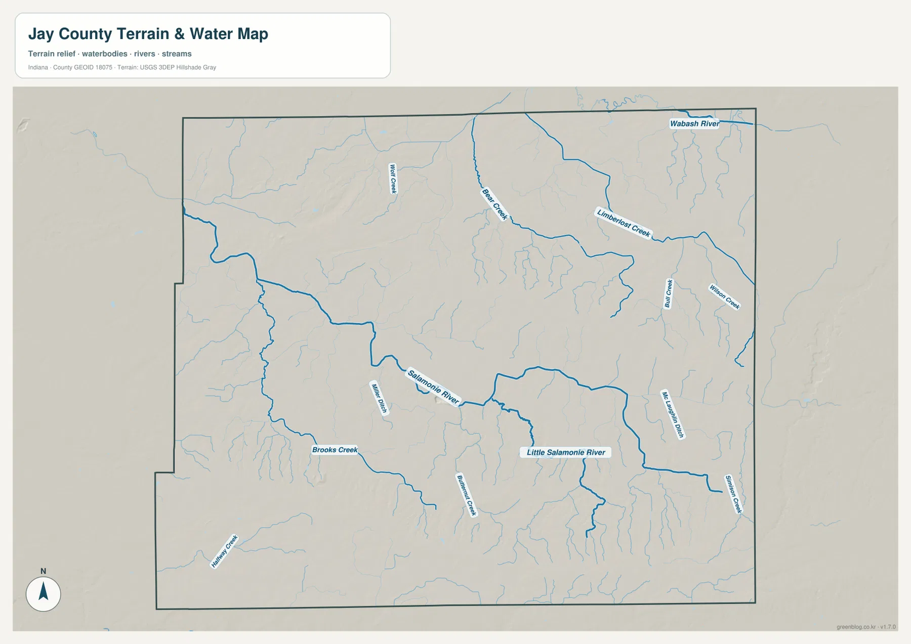 Jay County 수역·지형 지도에 Salamonie River, Little Salamonie River, Bear Creek, Limberlost Creek, Brooks Creek와 Wabash River가 표시된 모습
