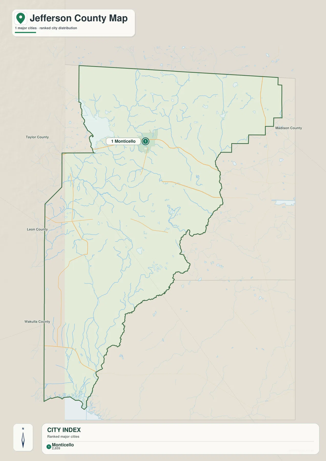 Jefferson County city map with Monticello marked as the major city