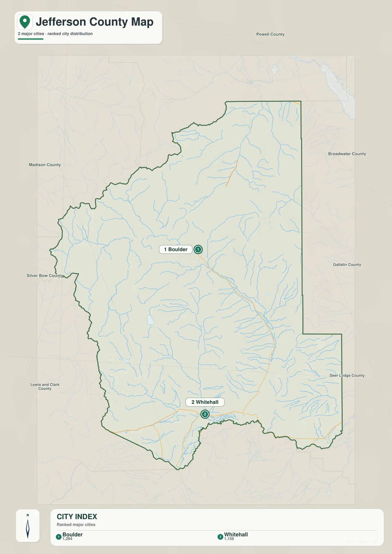 Jefferson County city map showing Boulder and Whitehall as the two ranked cities