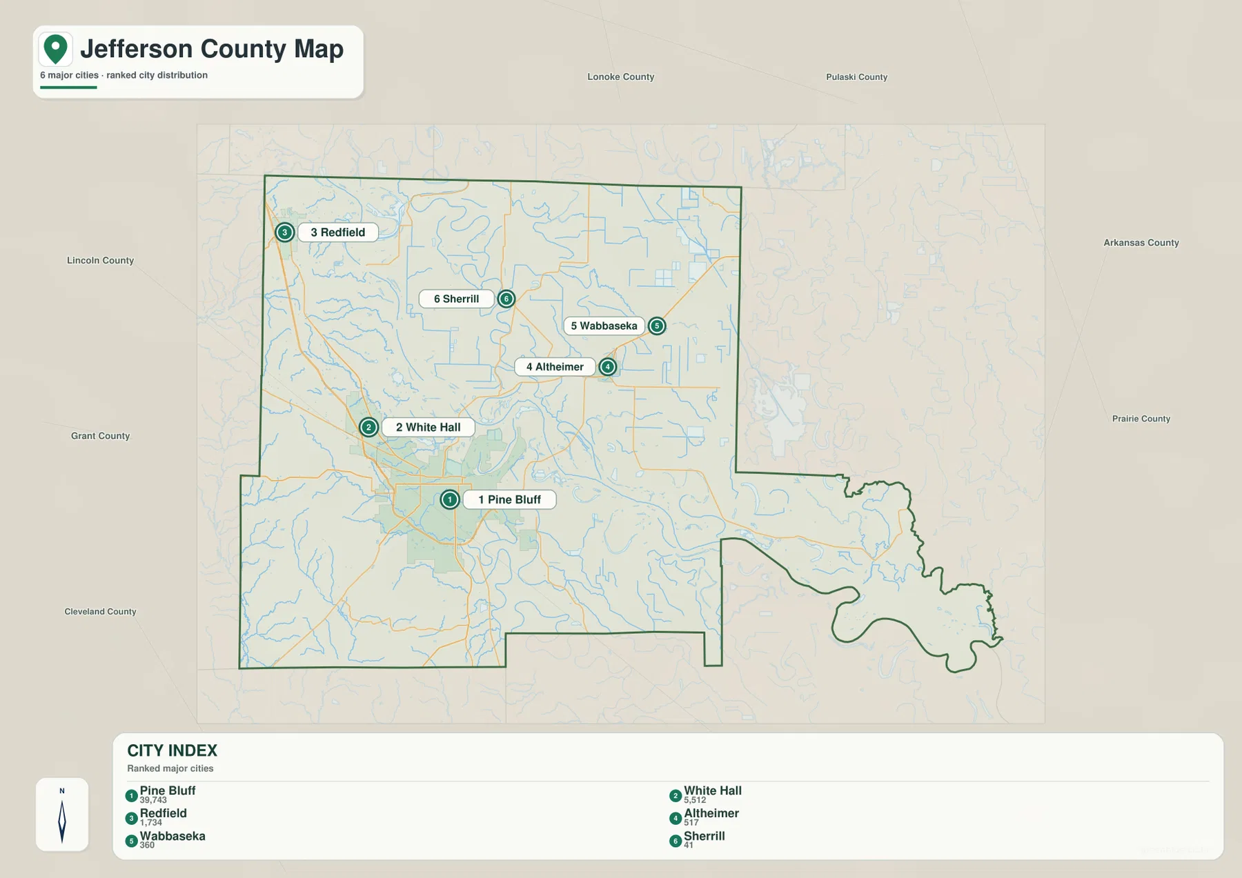 Jefferson County city map showing ranked locations of Pine Bluff, White Hall, Redfield, Altheimer, Wabbaseka and Sherrill