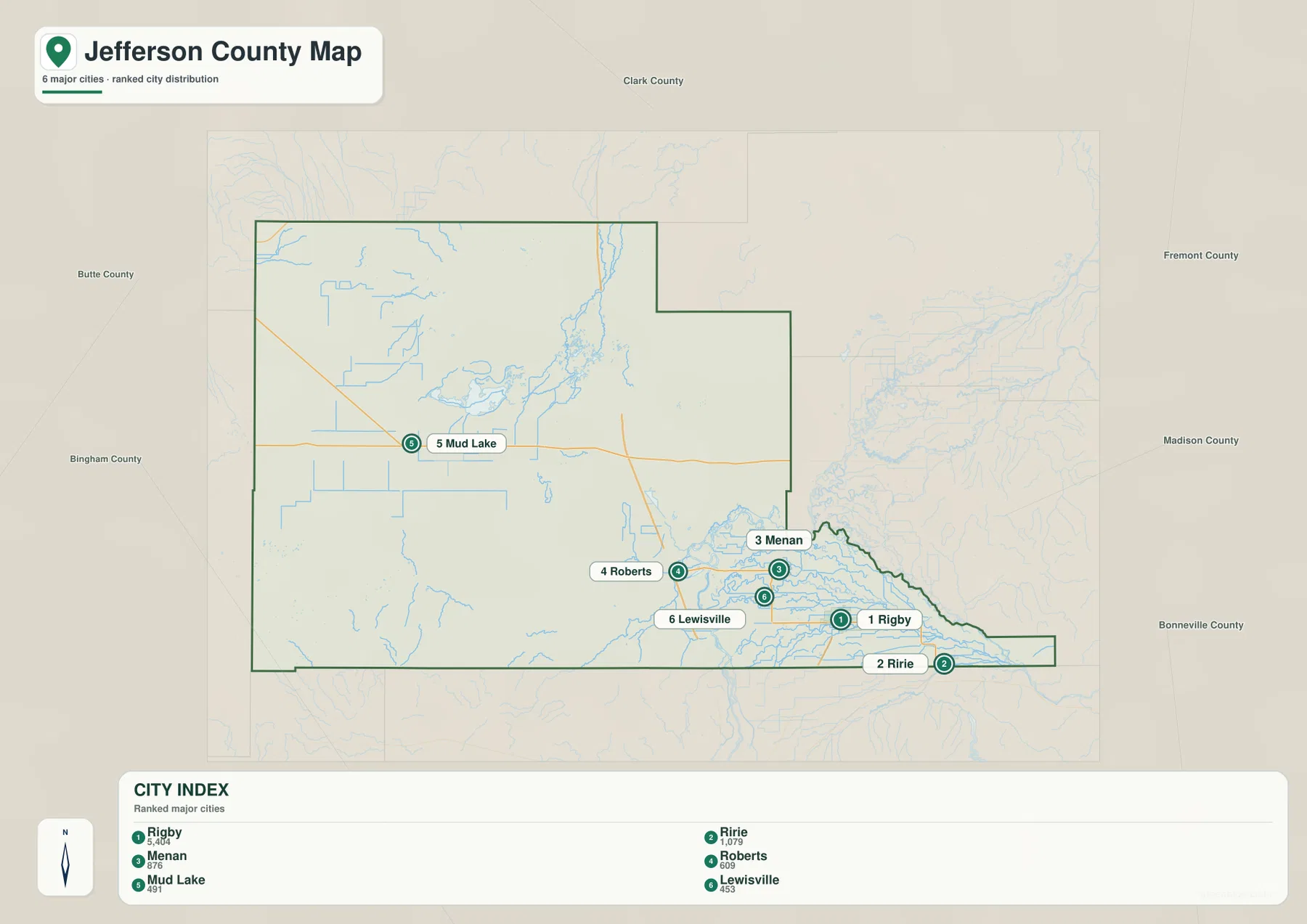 Jefferson County 도시 지도에서 Rigby, Ririe, Menan, Roberts, Mud Lake, Lewisville의 상대 위치를 표시한 모습