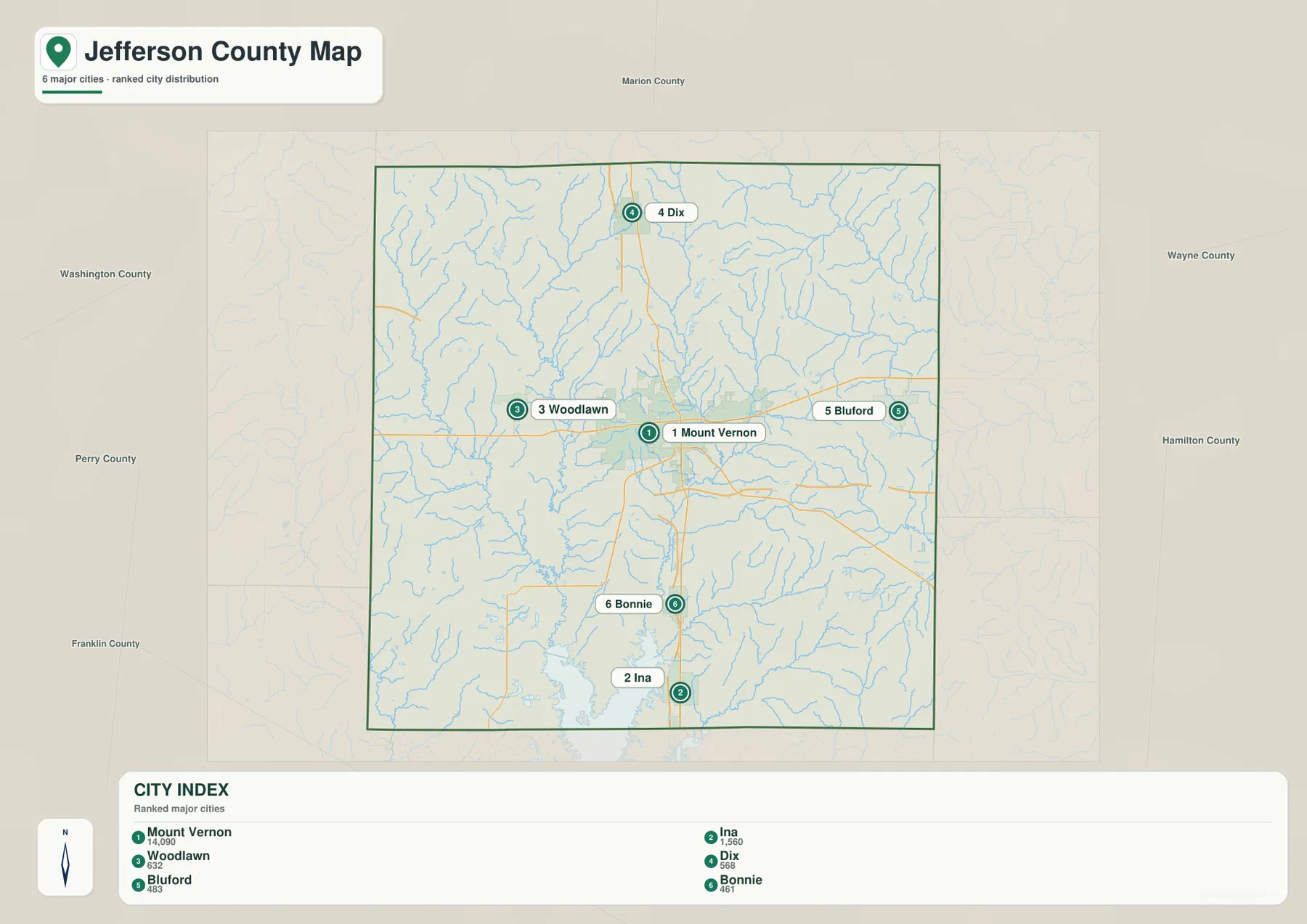 Jefferson County 도시 순위 지도에 표시된 Mount Vernon, Ina, Woodlawn, Dix, Bluford, Bonnie