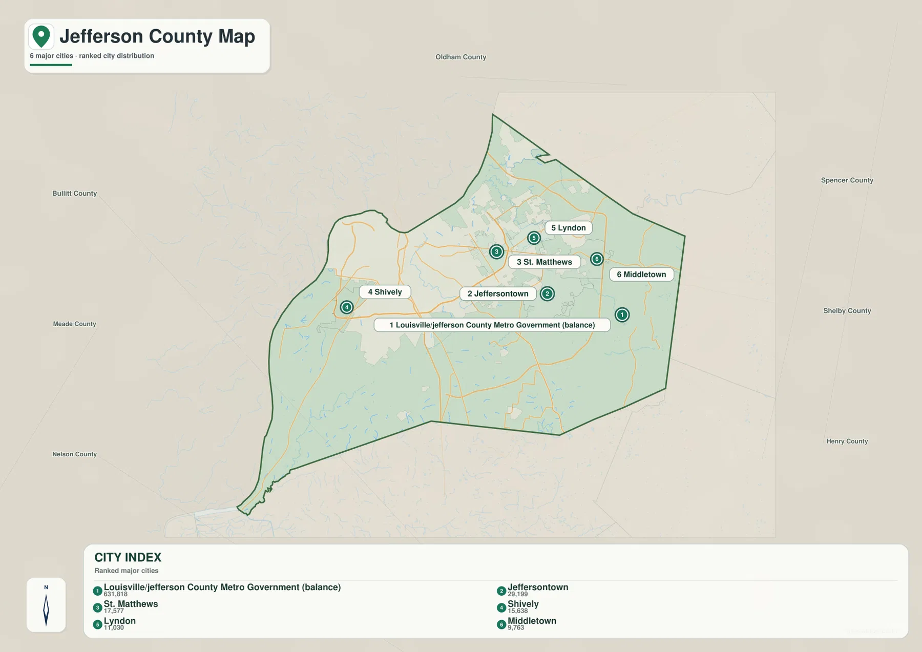 Jefferson County Kentucky city map ranking Louisville Jefferson County Metro Government, Jeffersontown, St. Matthews, Shively, Lyndon and Middletown