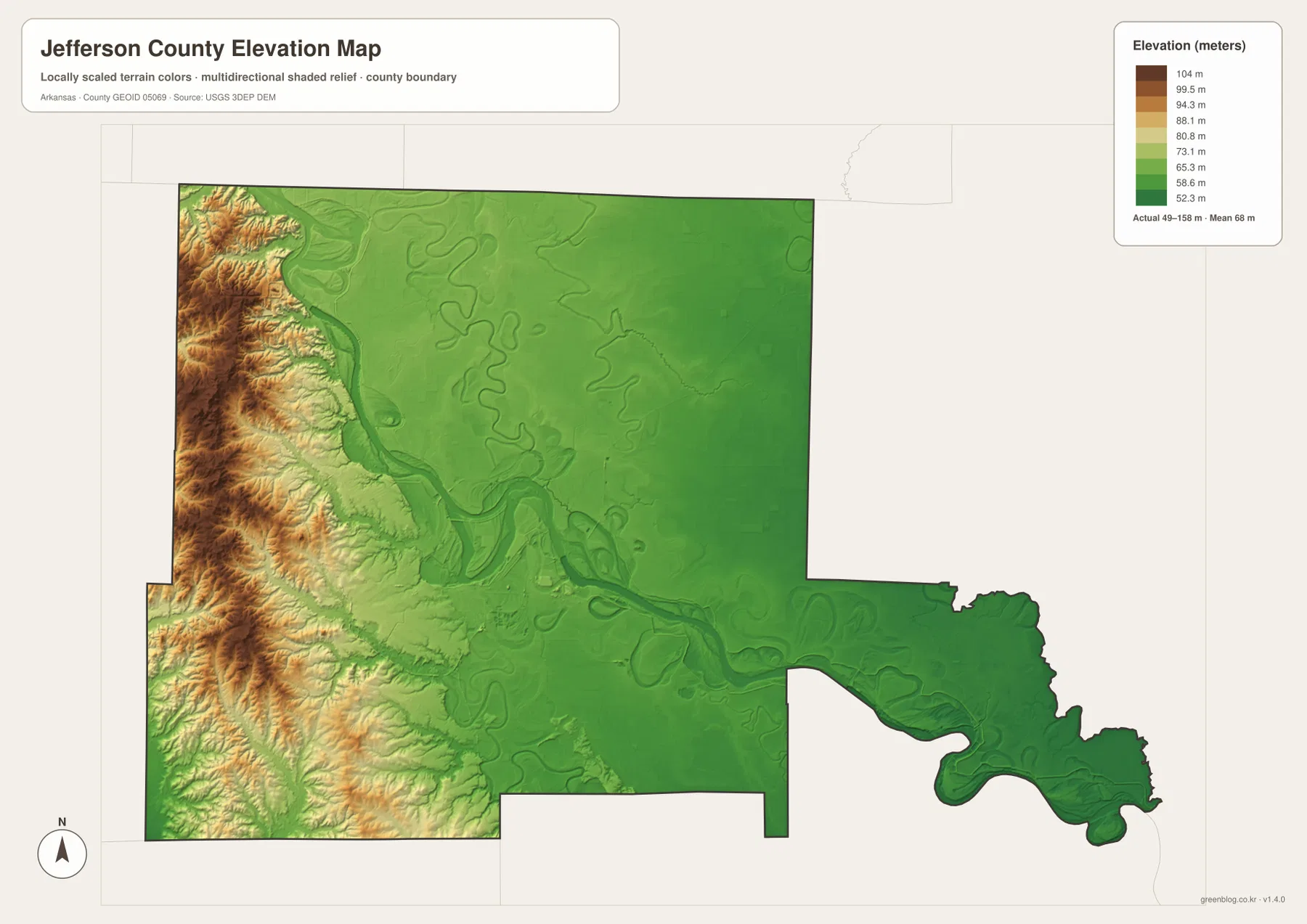 Jefferson County Arkansas elevation map showing a 49 to 158 meter range with western ridges and low Arkansas River plain