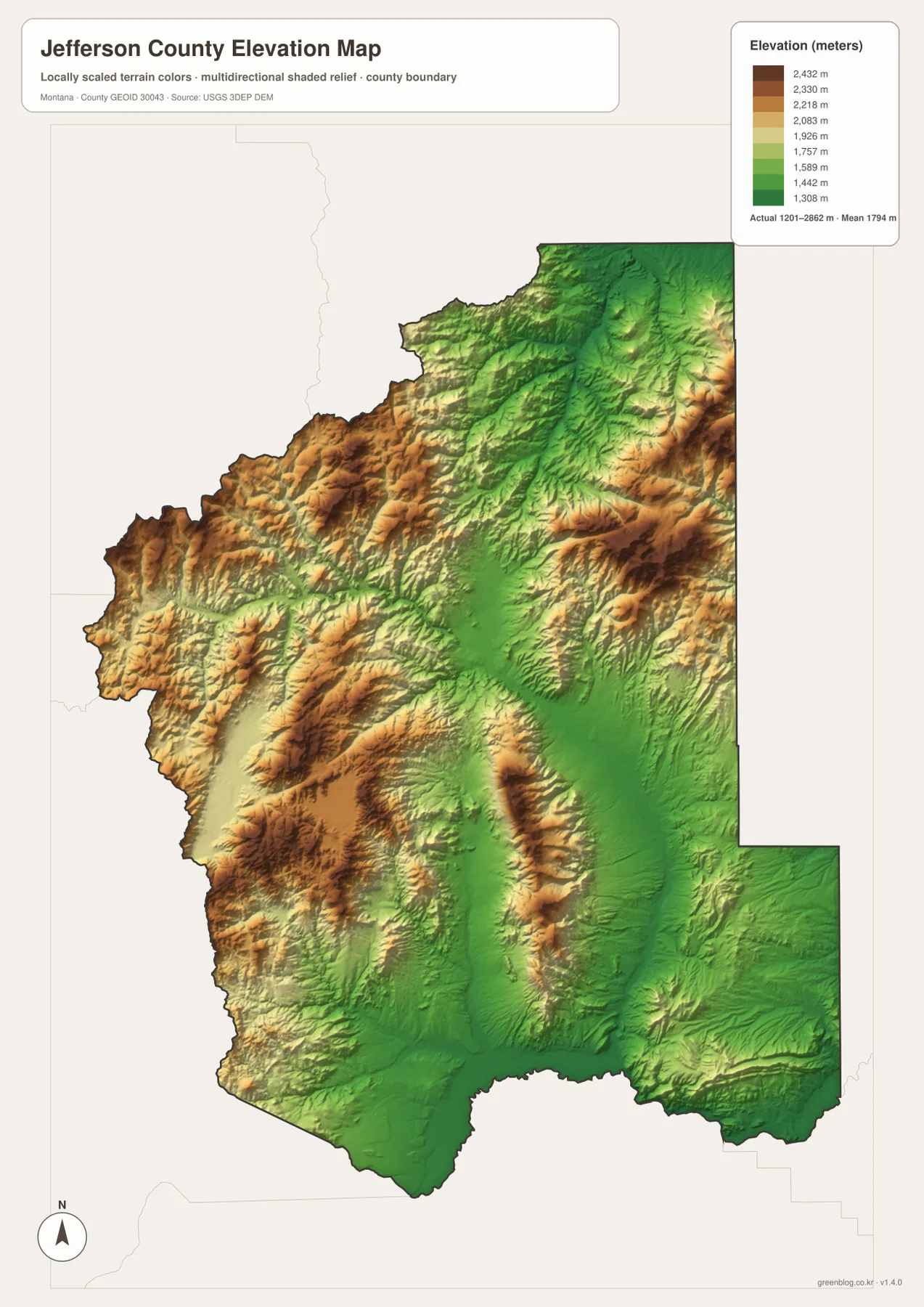 Jefferson County Montana elevation map showing an actual range of 1201 to 2862 meters and a mean of 1794 meters