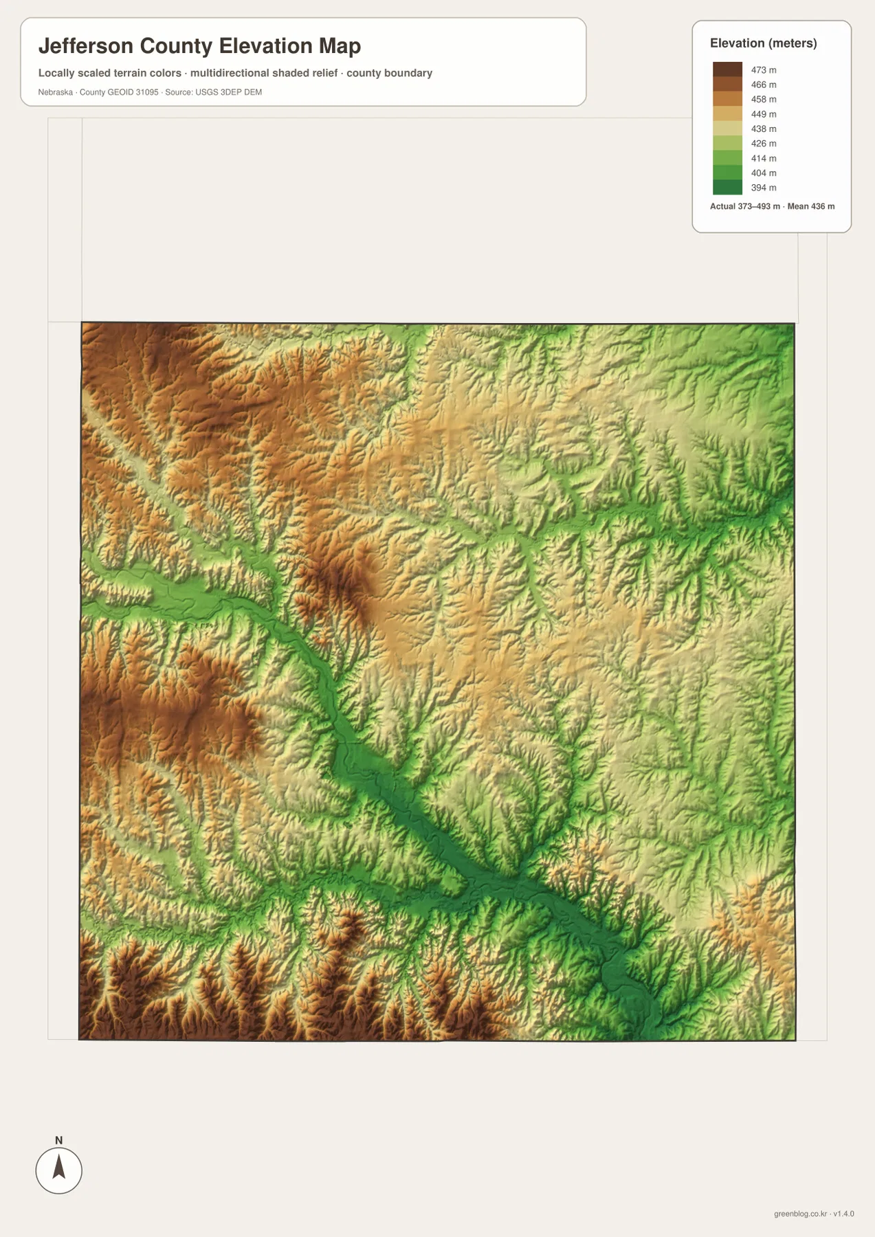 Jefferson County Nebraska elevation map showing a 373 to 493 meter range, higher western and southwestern uplands, and the low Little Blue River valley
