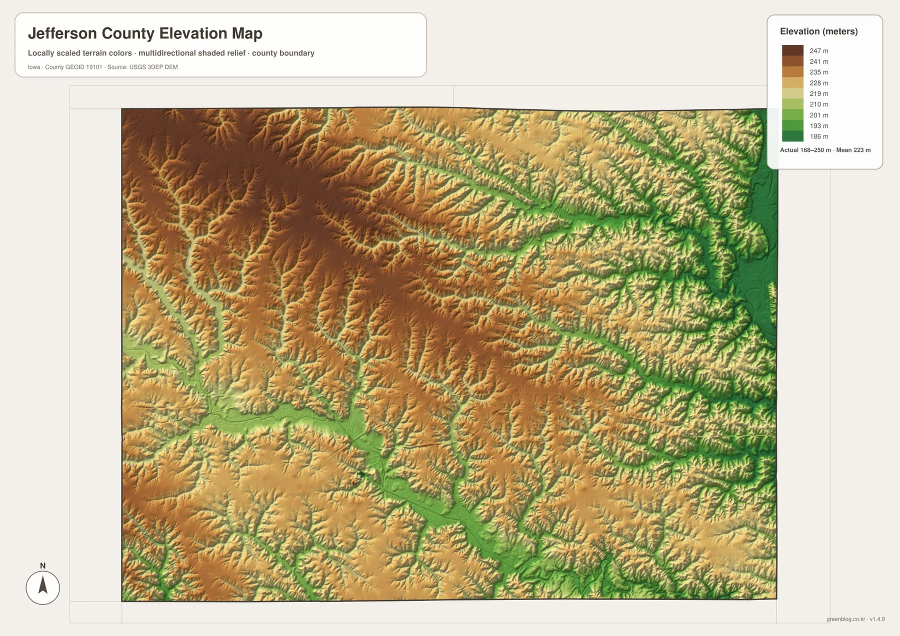 Jefferson County Iowa elevation map 168 250 meters western uplands Skunk River valleys