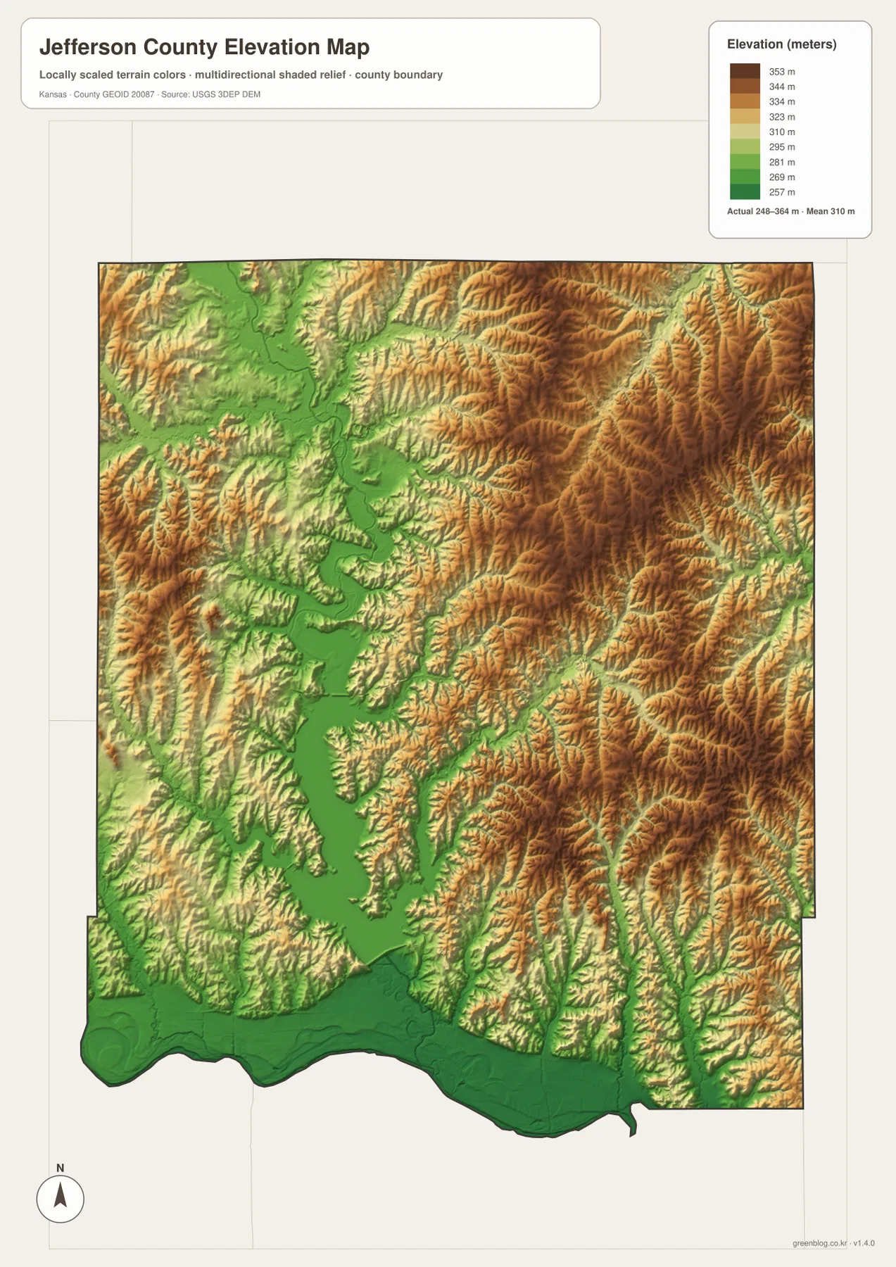 Jefferson County elevation map showing the 248–364 meter range, Perry Lake and Kansas River lowlands, and higher eastern and northeastern hills
