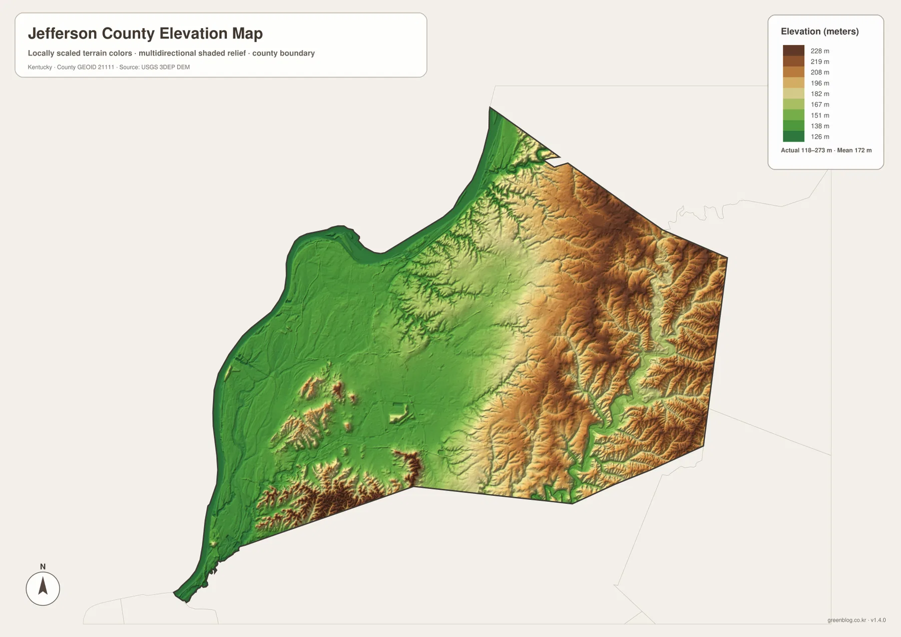Jefferson County Kentucky elevation map showing an actual range of 118 to 273 meters and a mean of 172 meters
