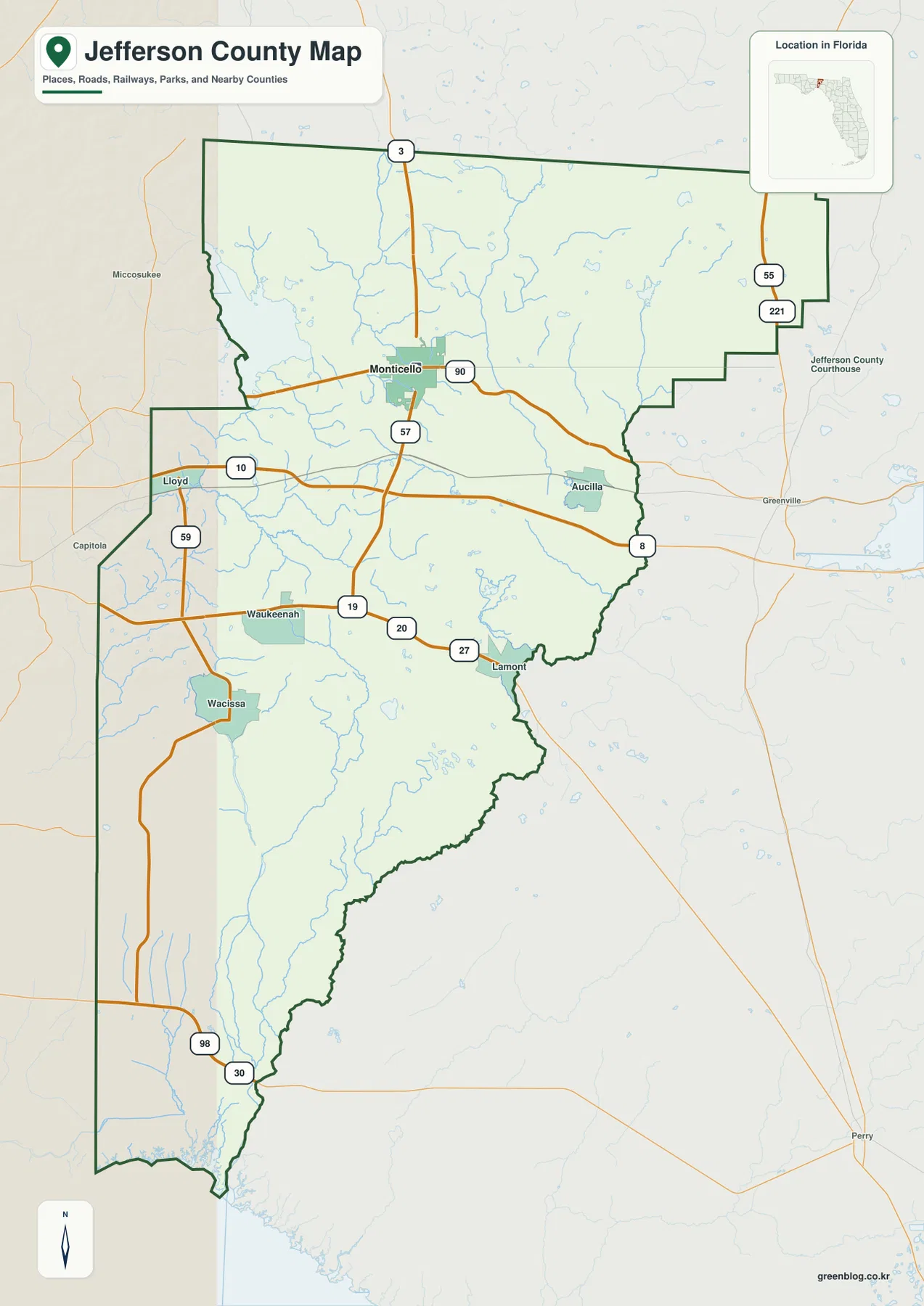 Jefferson County Florida map showing Monticello, Lloyd, Wacissa, Lamont, Aucilla and major highways