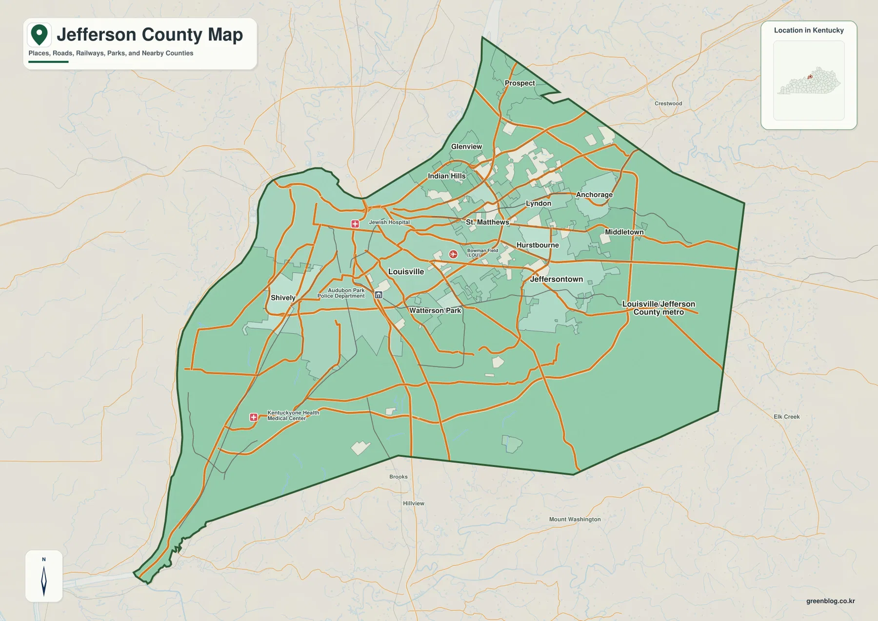 Jefferson County Kentucky map showing Louisville, St. Matthews, Jeffersontown, Shively and the metropolitan road network
