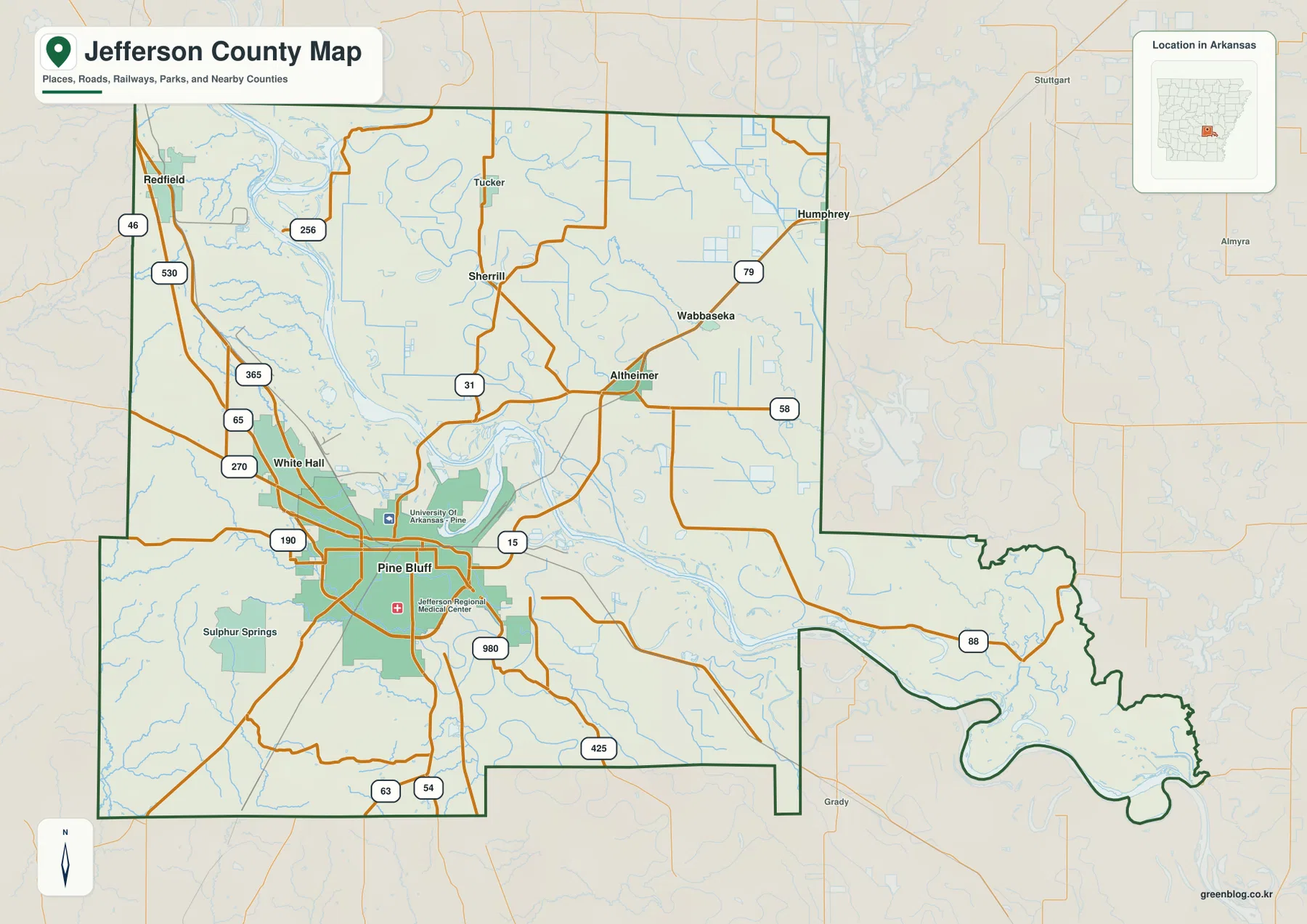 Jefferson County Arkansas map showing Pine Bluff, White Hall, Redfield, Altheimer, Wabbaseka and major roads