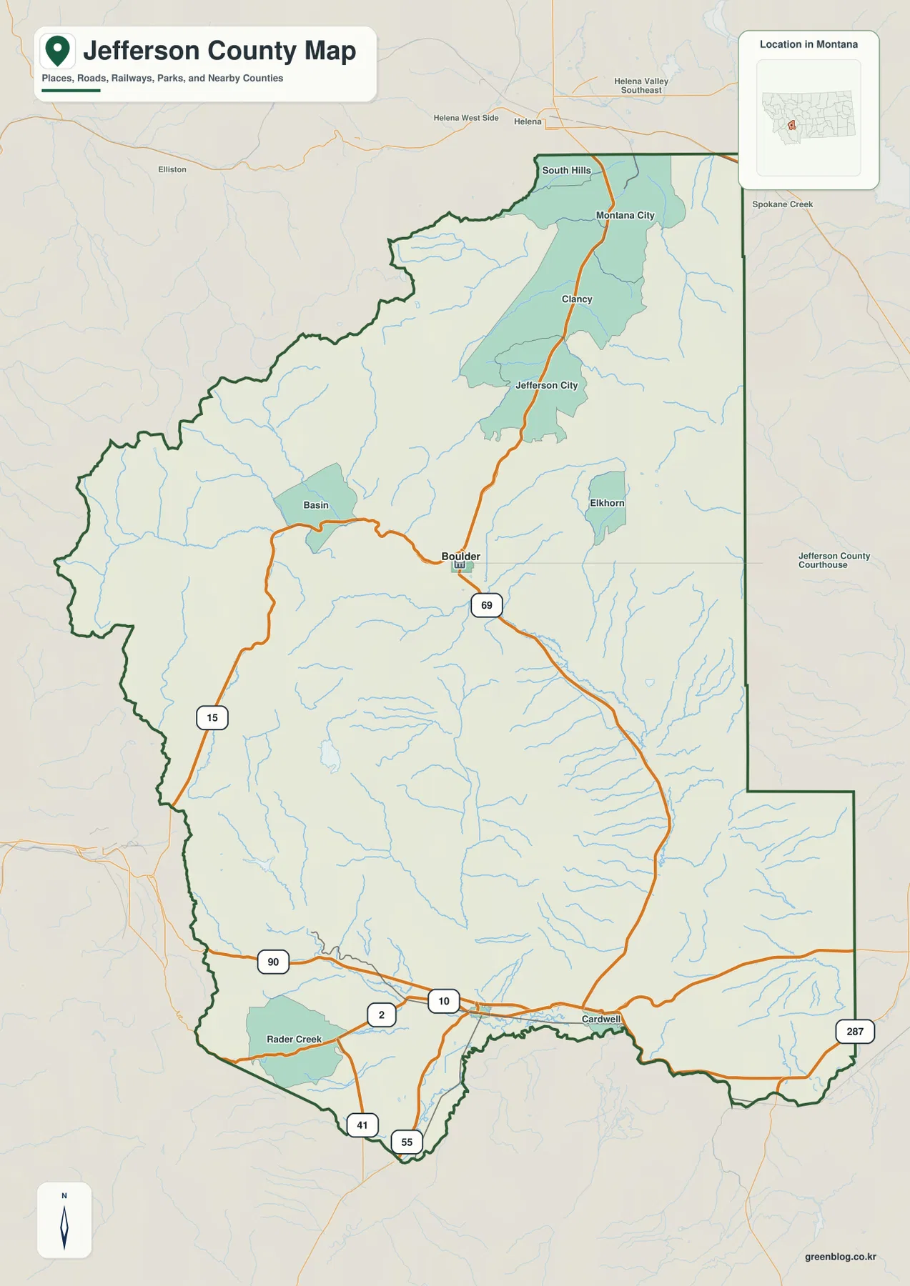 Jefferson County Montana map showing Boulder, Jefferson City, Clancy, Montana City, I-15, and Route 69