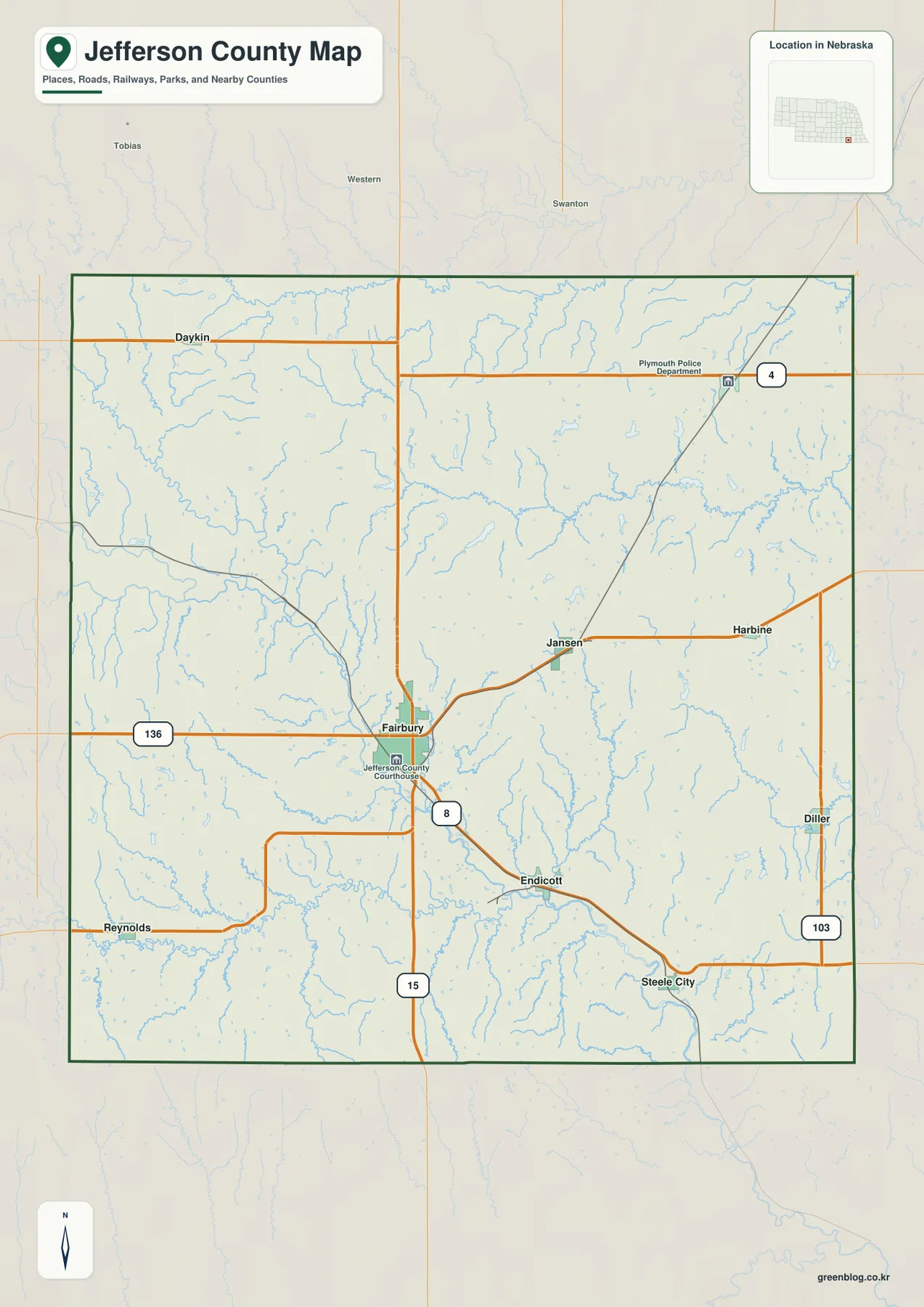 Jefferson County Nebraska map showing Fairbury, Daykin, Plymouth, Jansen, Diller, Endicott, U.S. 136, and Highways 15, 8, 4, and 103