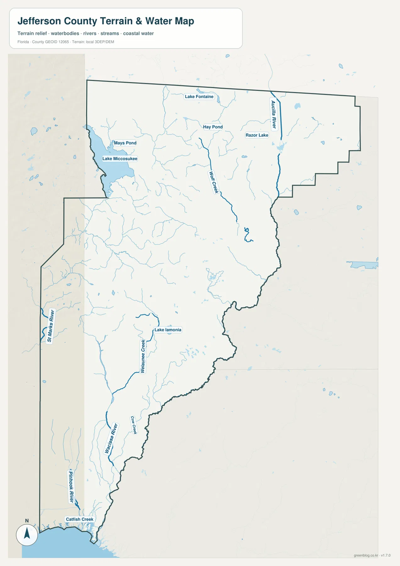 Jefferson County Florida water map showing Lake Miccosukee, Aucilla River, Wacissa River, St. Marks River and Gulf water