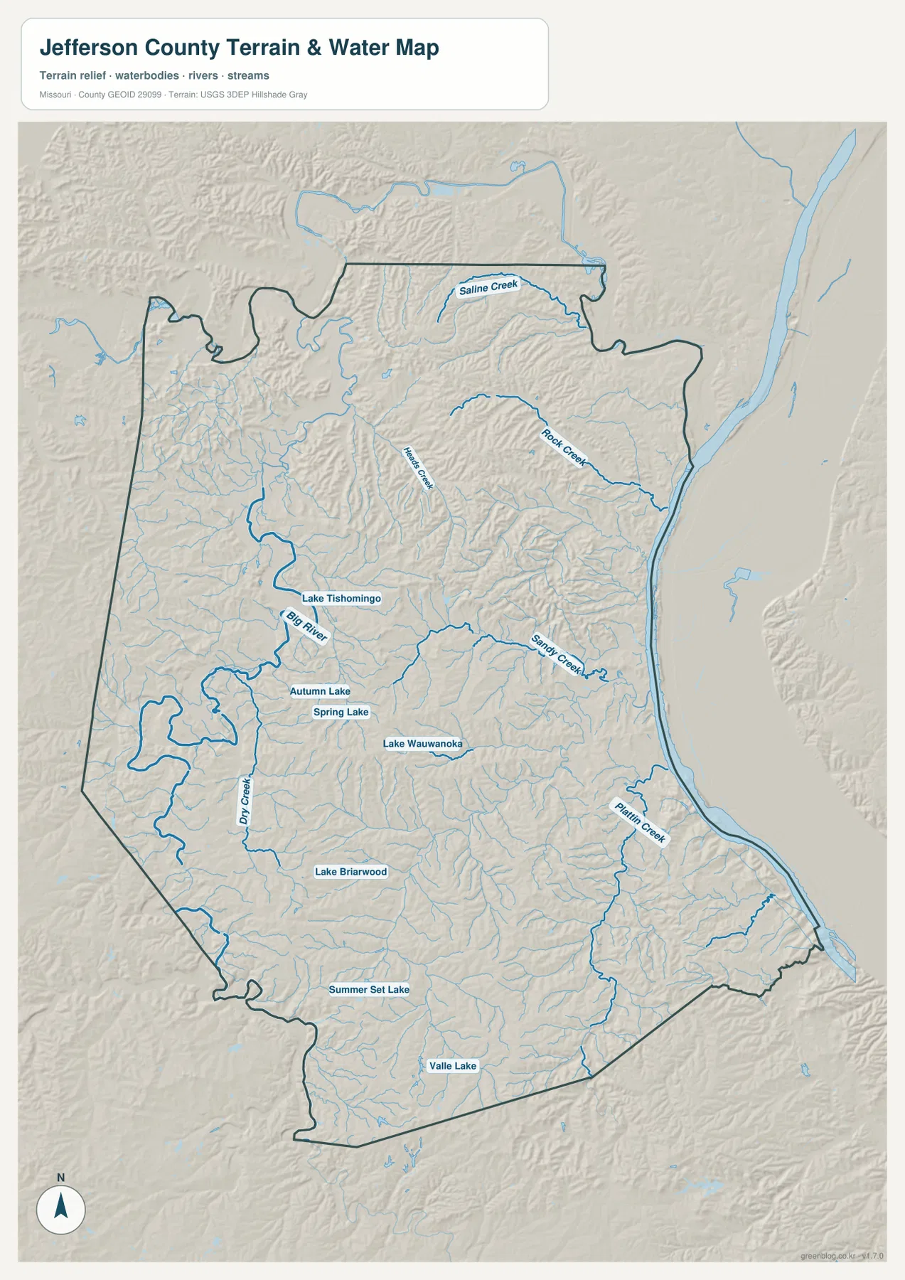 제퍼슨 카운티 Big River와 Mississippi River 수역 지도
