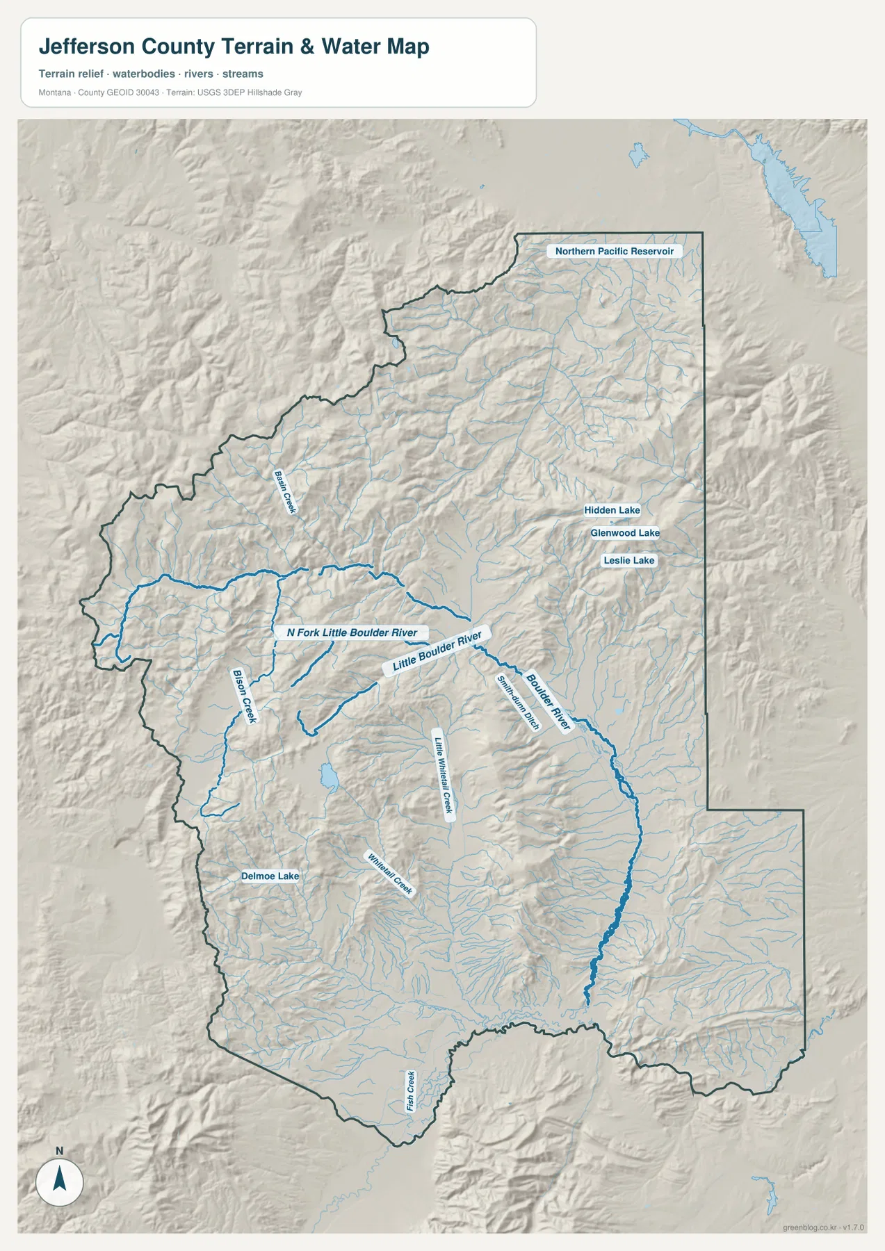 Jefferson County terrain and water map showing Boulder River, Little Boulder River, North Fork Little Boulder River, and mountain lakes