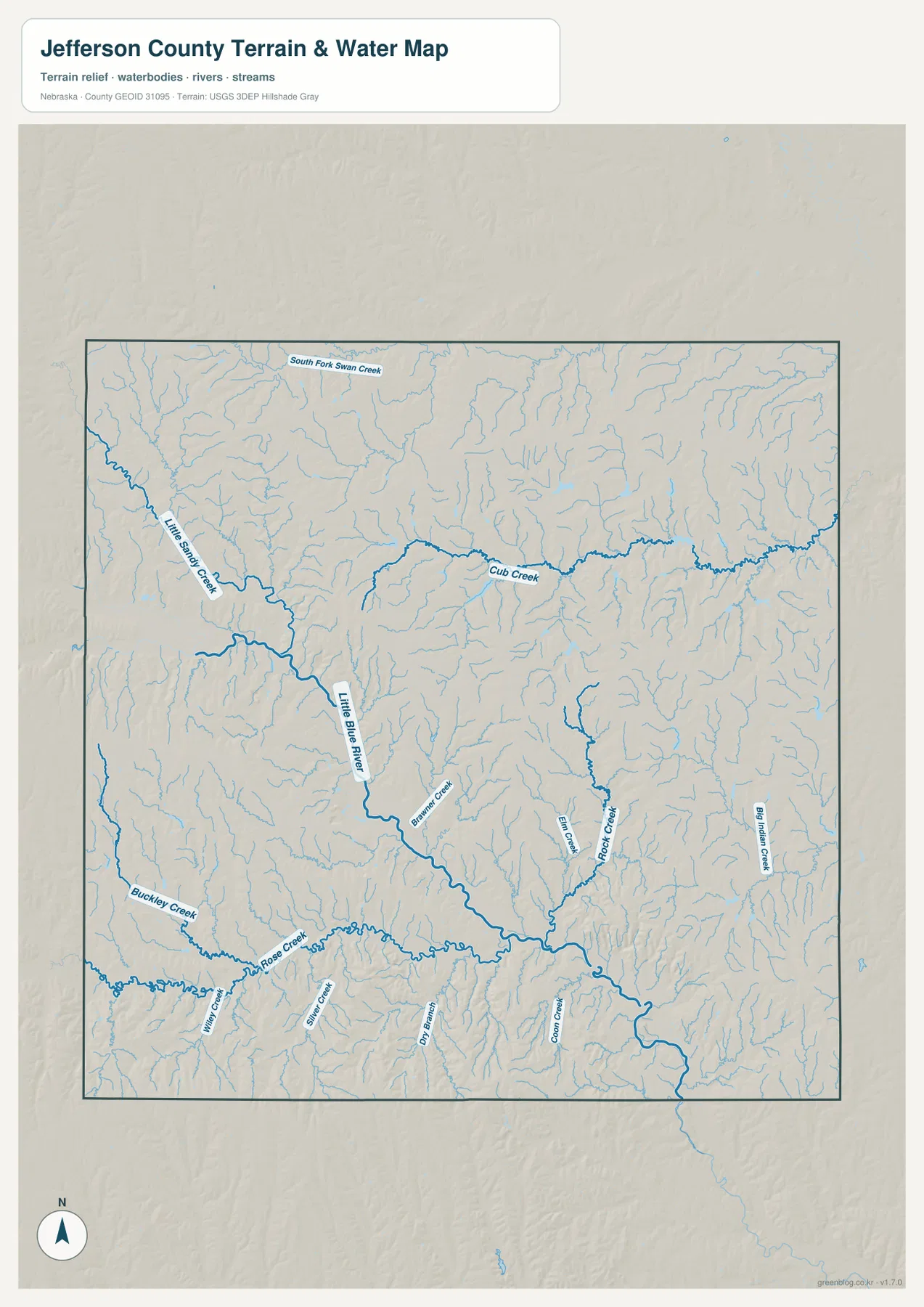 Jefferson County terrain and water map showing the Little Blue River, Little Sandy Creek, Cub Creek, Rock Creek, Elm Creek, Big Indian Creek, Buckley Creek, and Rose Creek