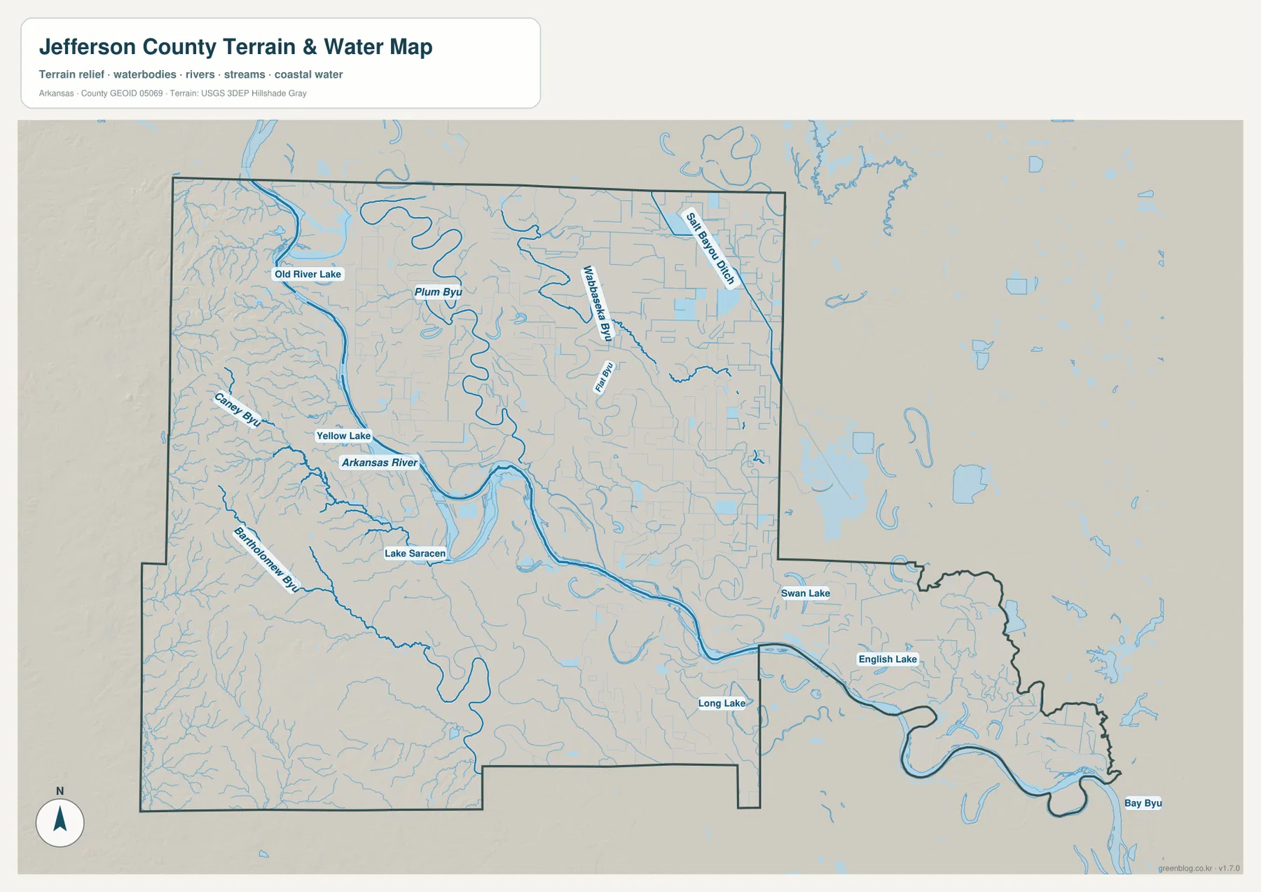 Jefferson County terrain and water map showing Arkansas River, Plum Bayou, Wabbaseka Bayou, Bayou Bartholomew and named lakes