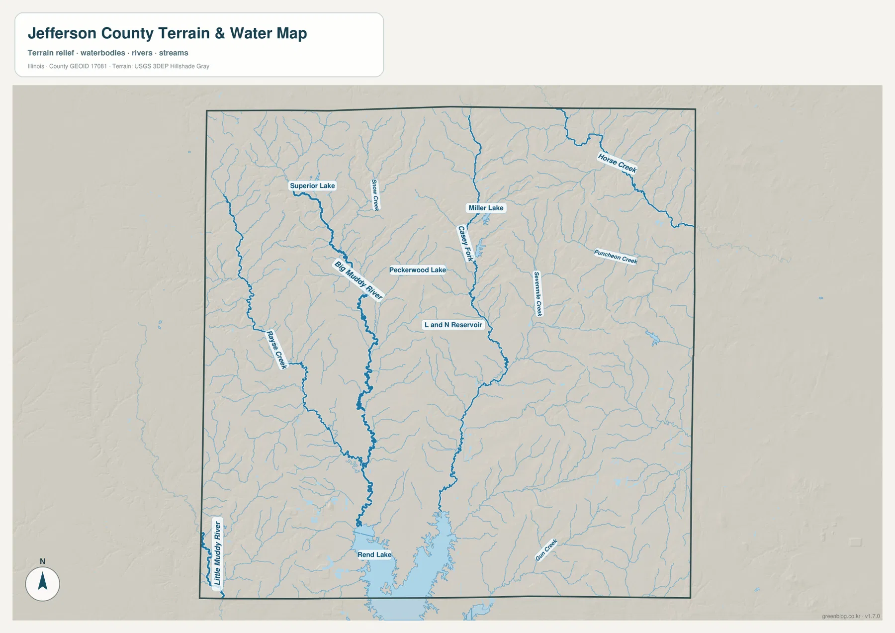 Jefferson County 수역 지도에 표시된 Big Muddy River, Casey Fork, Sevenmile Creek, Superior Lake, Rend Lake
