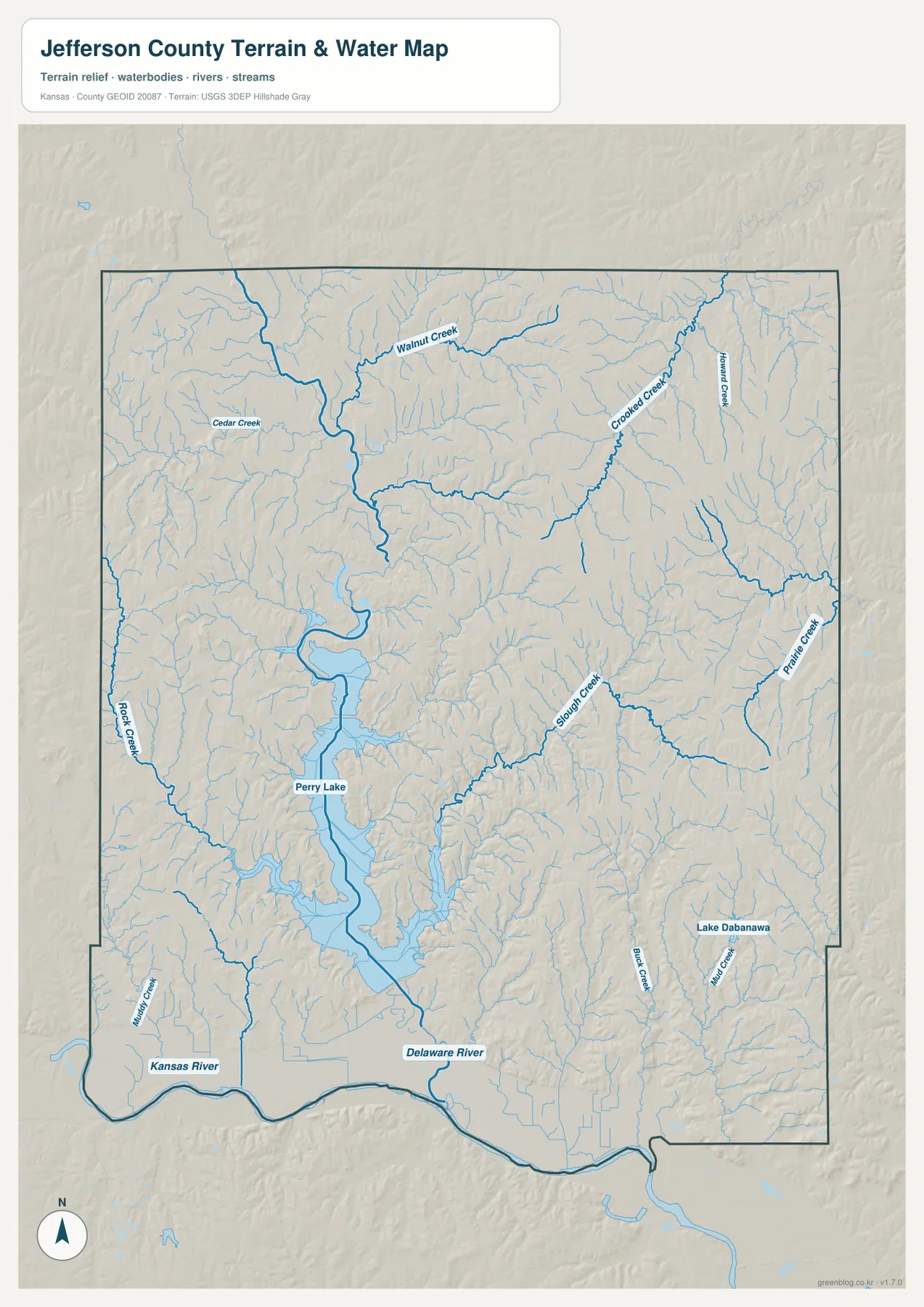 Jefferson County terrain and water map showing Perry Lake, Delaware River, Kansas River, Slough Creek, Rock Creek, Walnut Creek, Crooked Creek, and tributaries
