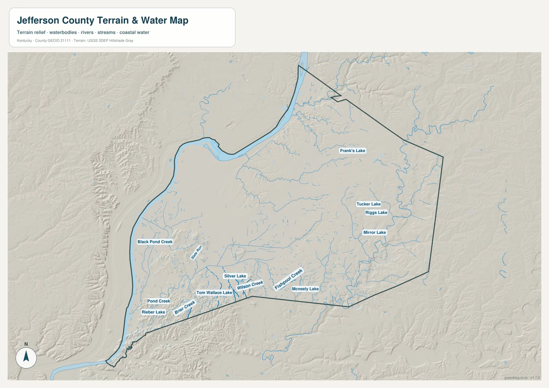 Jefferson County Kentucky water and terrain map showing Ohio River, Pond Creek, Wilson Creek, Tom Wallace Lake and McNeely Lake