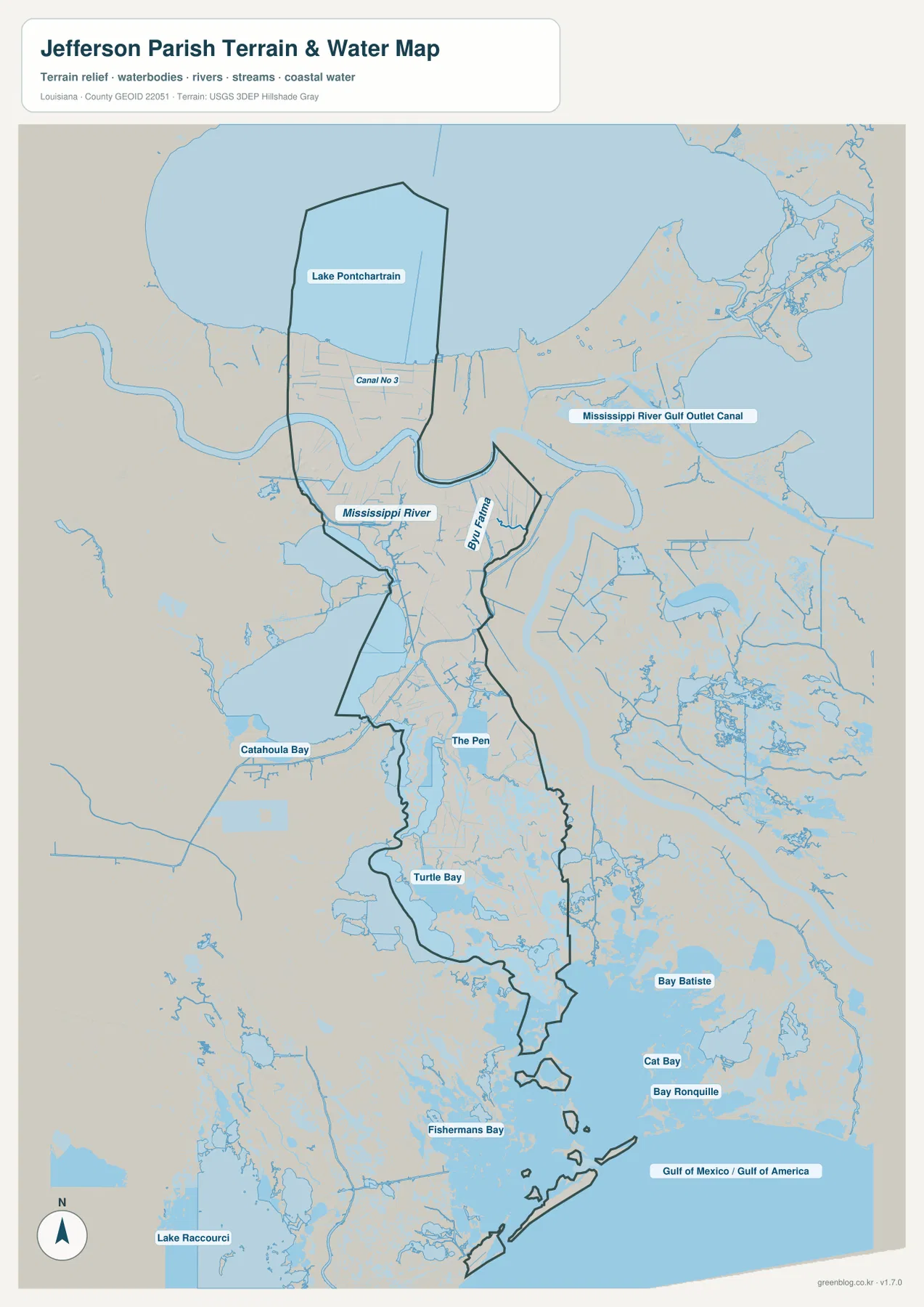 Jefferson Parish water map showing Lake Pontchartrain, Mississippi River, Bayou Perot, Catahoula Bay, Turtle Bay, Bay Batiste, and Grand Isle