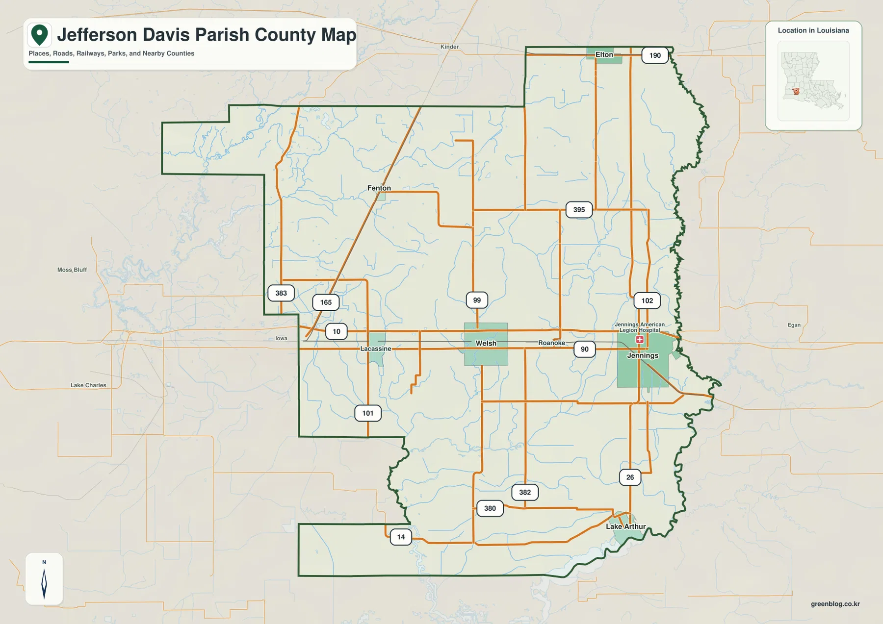 Jefferson Davis Parish map showing Jennings, Welsh, Lake Arthur, Elton, Fenton, U.S. 90, U.S. 165, and major Louisiana routes