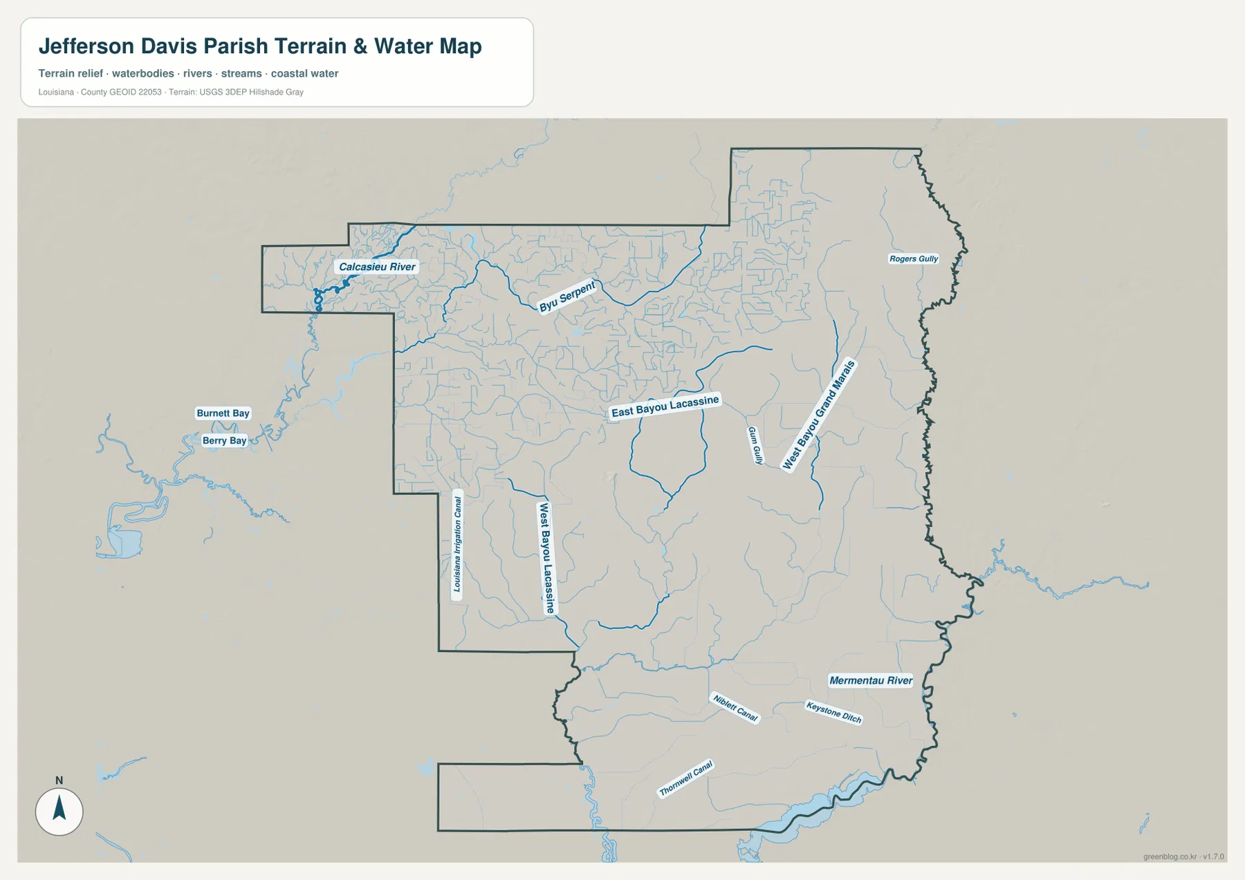 Jefferson Davis Parish terrain and water map showing Mermentau River, Calcasieu River, Bayou Serpent, East and West Bayou Lacassine, canals, and ditches