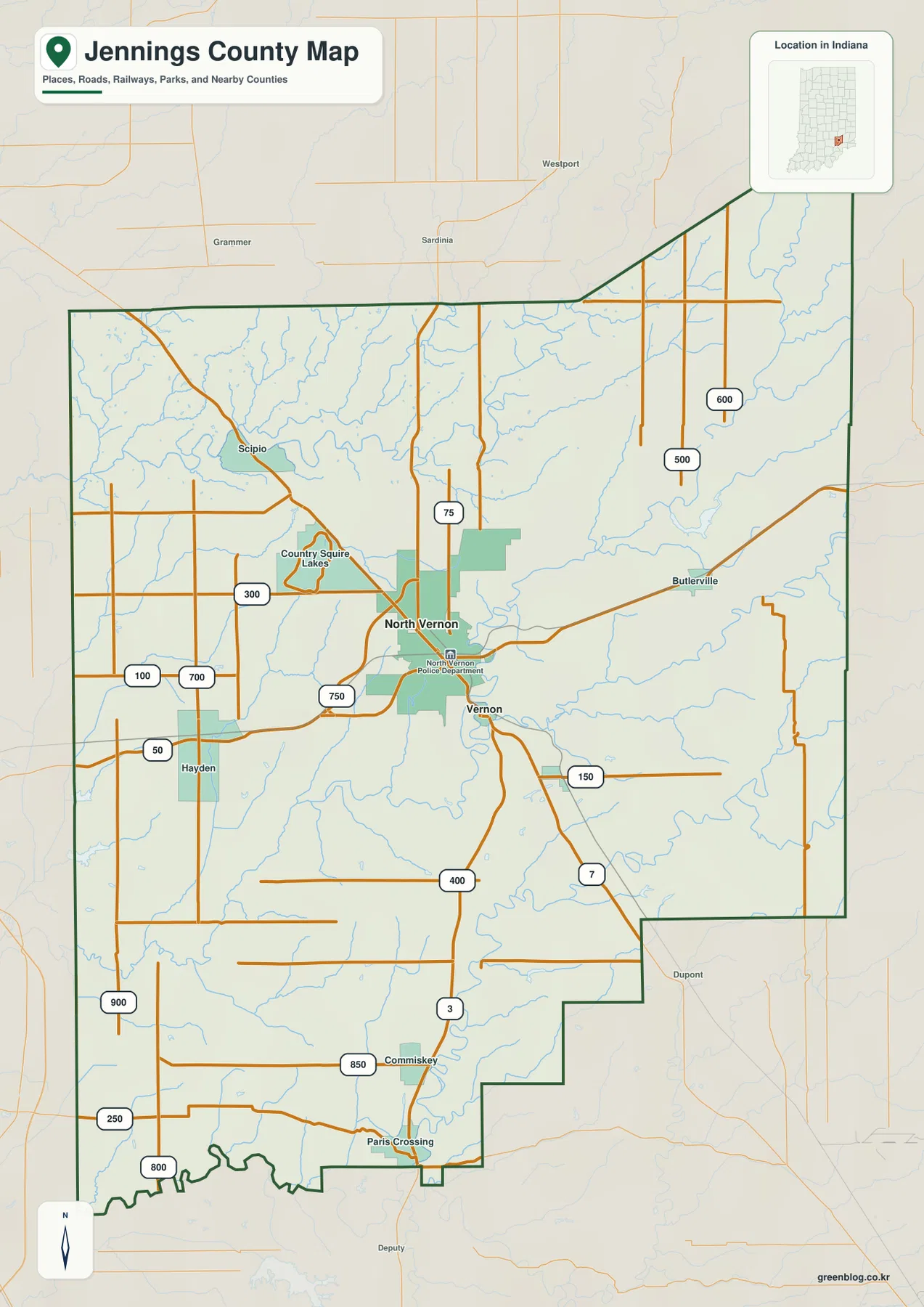 인디애나주 Jennings County 일반 지도에 North Vernon, Vernon, Scipio, Hayden, Butlerville, Commiskey와 주요 도로가 표시된 모습