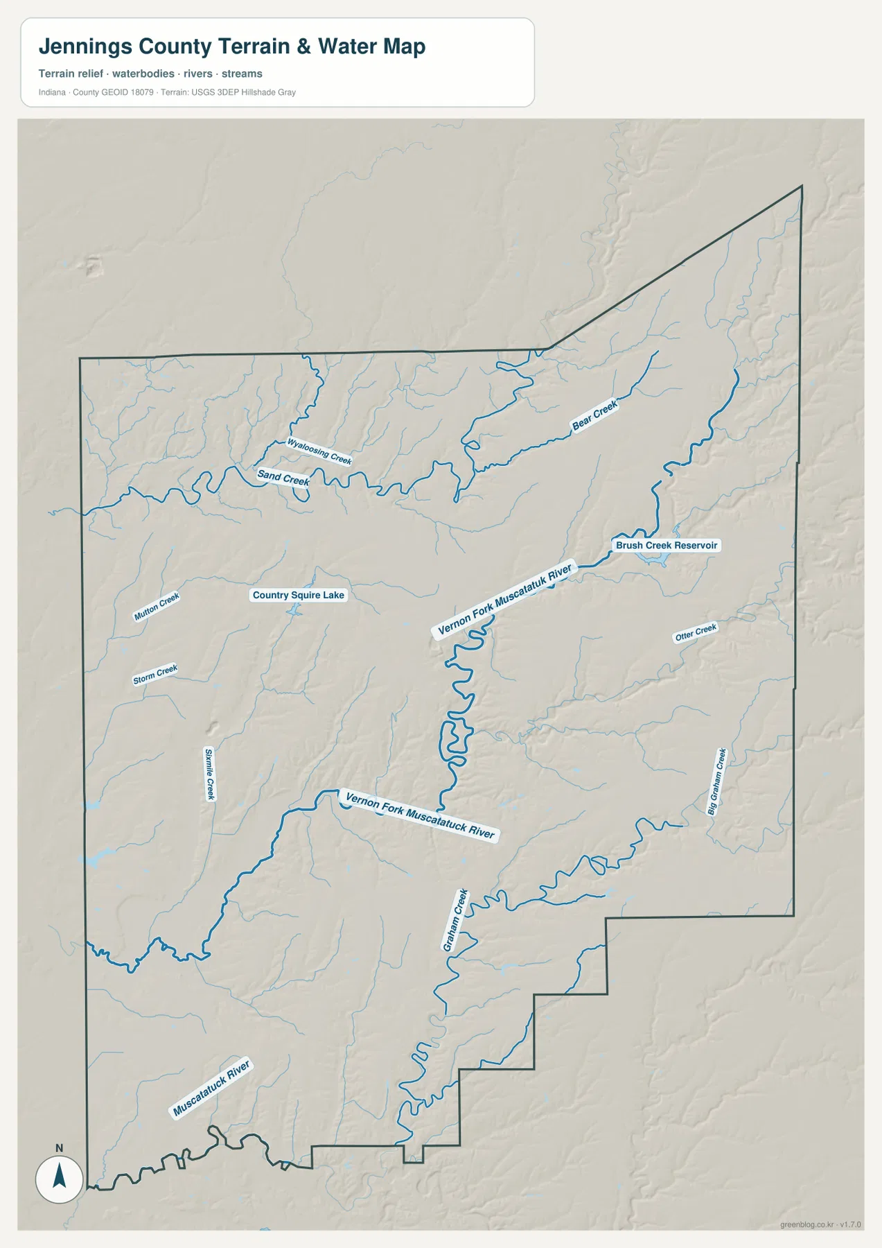Jennings County 수역·지형 지도에 Vernon Fork Muscatatuck River, Muscatatuck River, Sand Creek, Wyoosing Creek, Bear Creek와 Brush Creek Reservoir가 표시된 모습