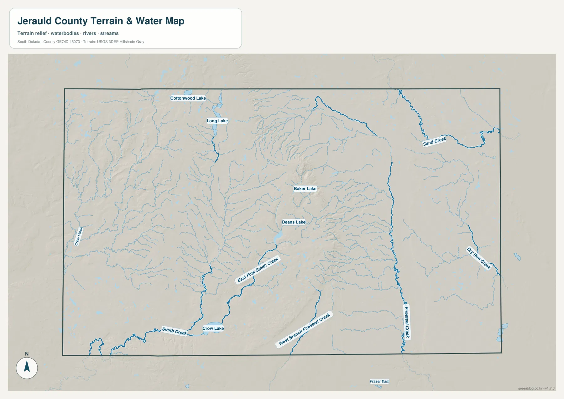 Jerauld County 수역 지도에서 Firesteel Creek, Smith Creek, Sand Creek, Crow Lake, Cottonwood Lake, Long Lake를 표시한 모습