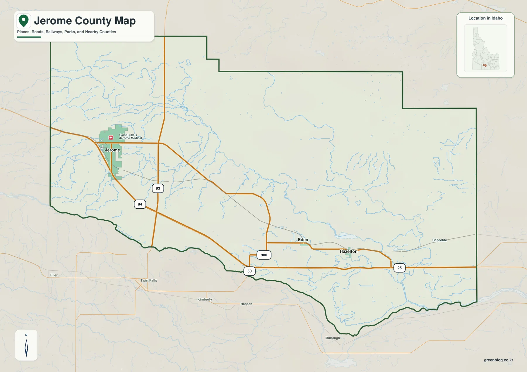 Jerome, Eden, Hazelton과 I-84, US 93, ID 25를 표시한 Jerome County Idaho 지도