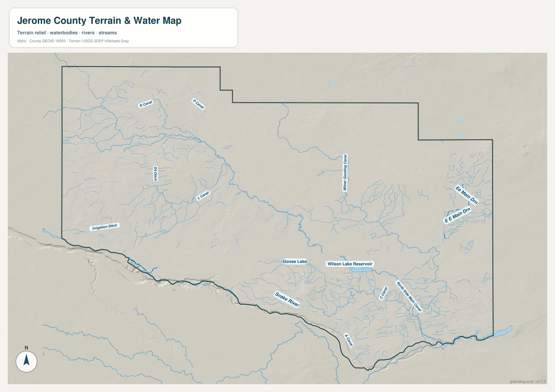 Snake River, Milner Gooding Canal, Wilson Lake Reservoir, Goose Lake와 여러 운하를 표시한 Jerome County 수역 지도