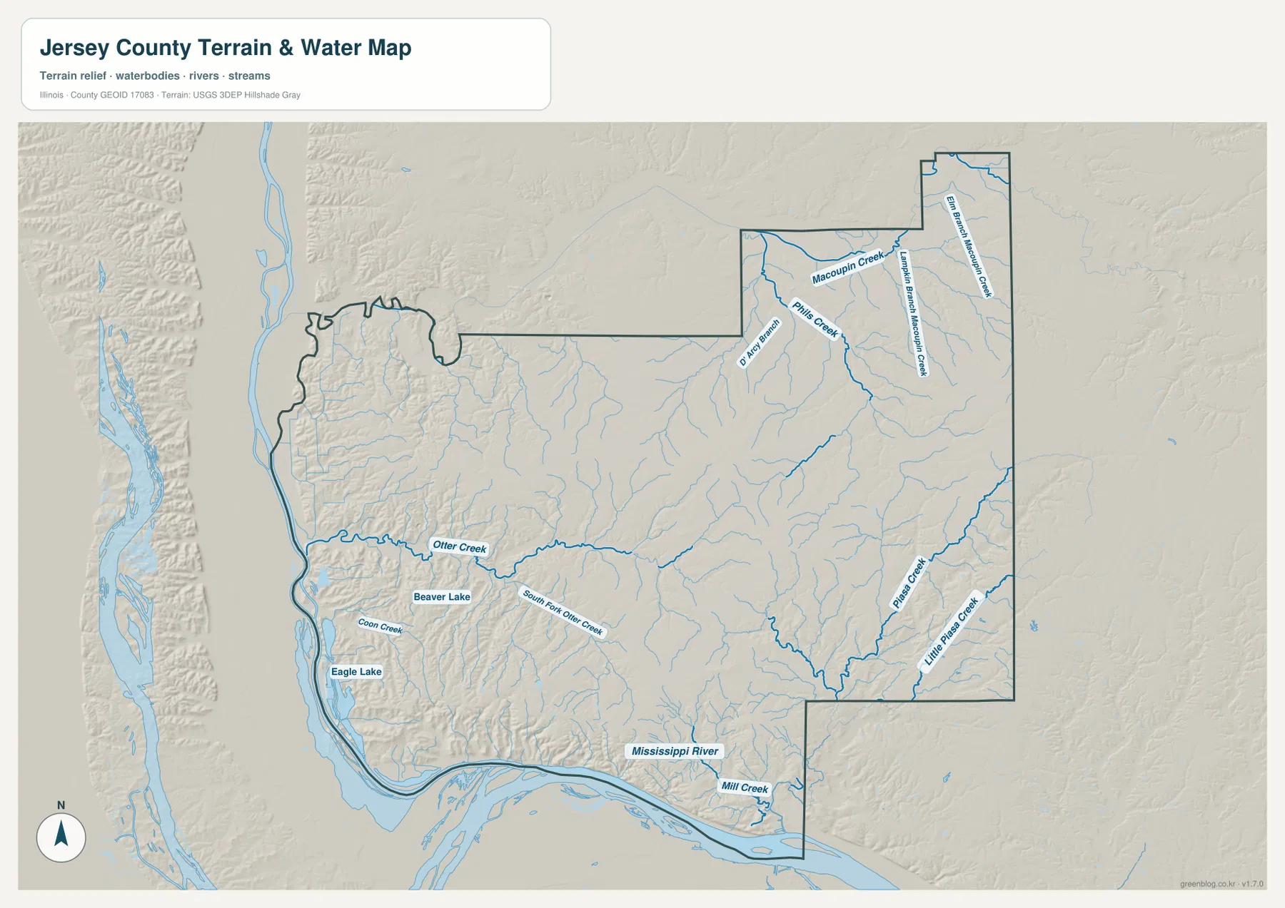 Jersey County Illinois terrain and water map