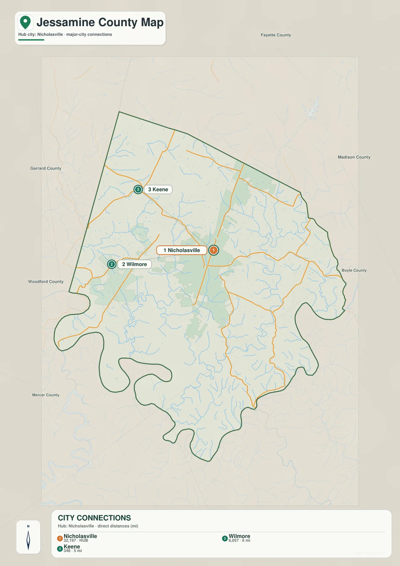 Jessamine County city map showing Nicholasville, Wilmore, Keene, and straight-line distances