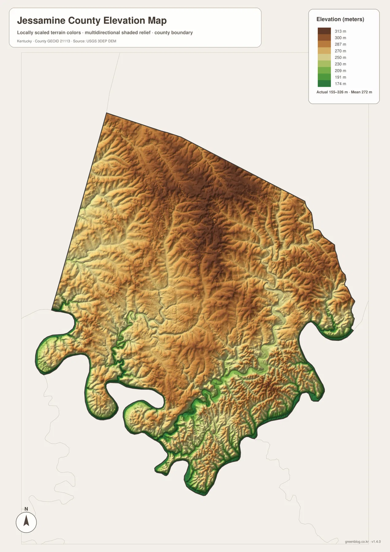Jessamine County elevation map showing an actual range of about 155 to 326 meters and a mean of 272 meters